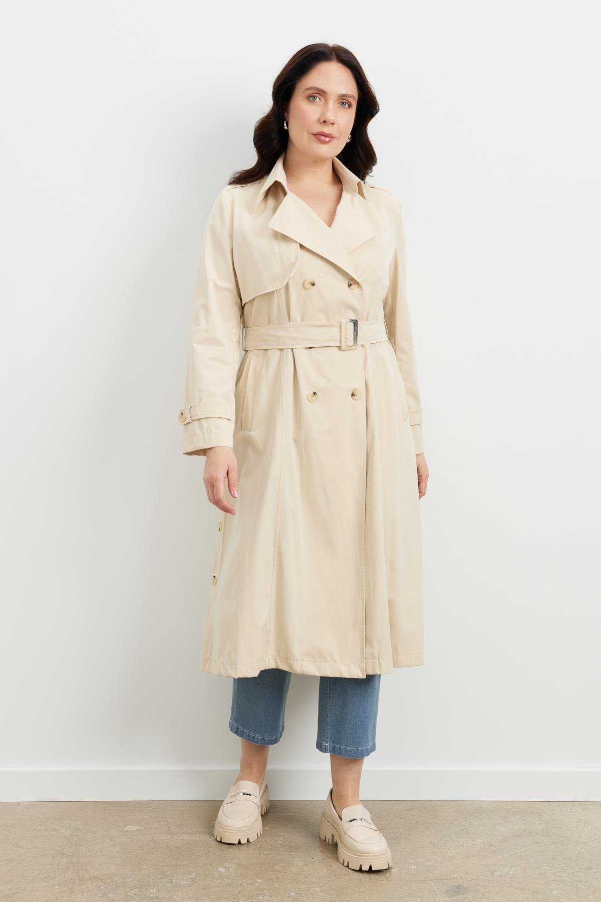 Büyük Beden Kruvaze Yaka Trençkot-BEJ