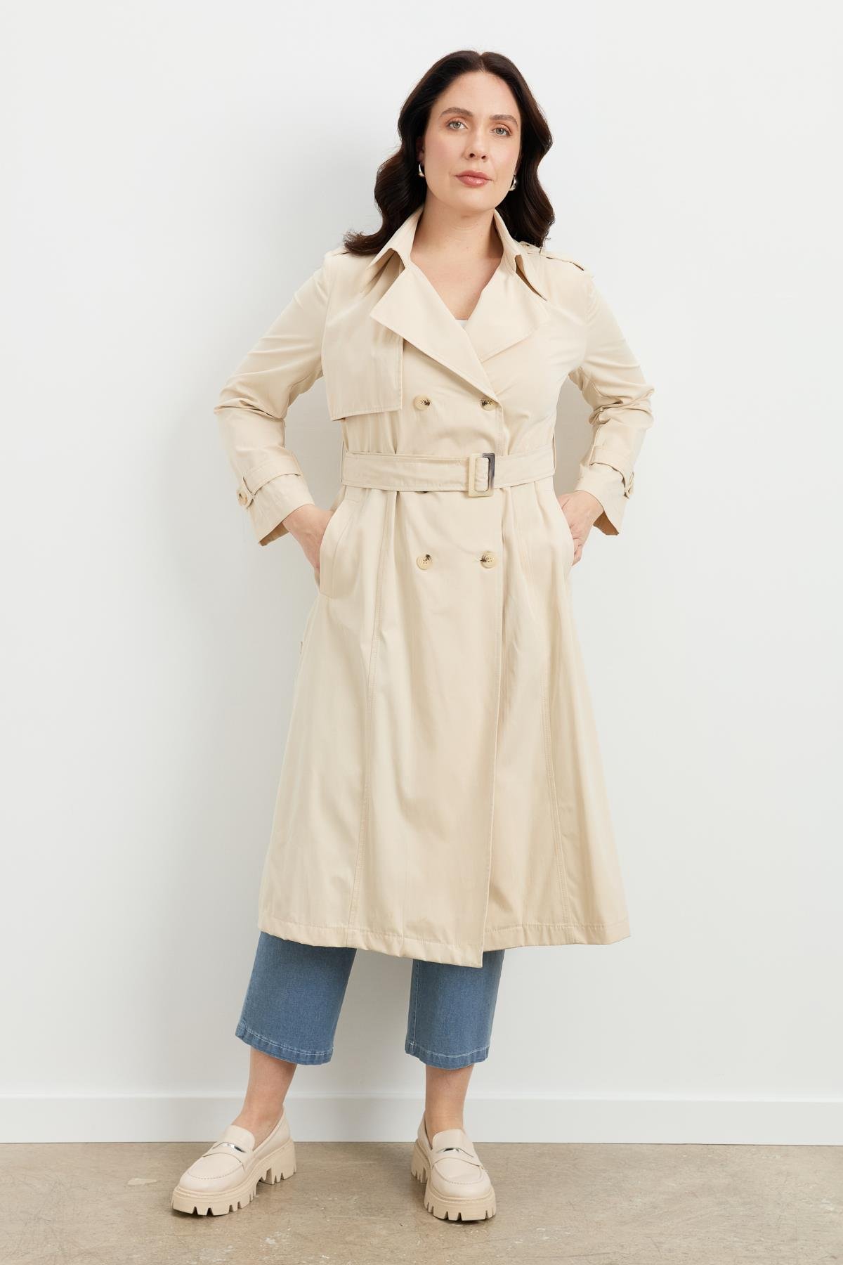 Büyük Beden Kruvaze Yaka Trençkot-BEJ