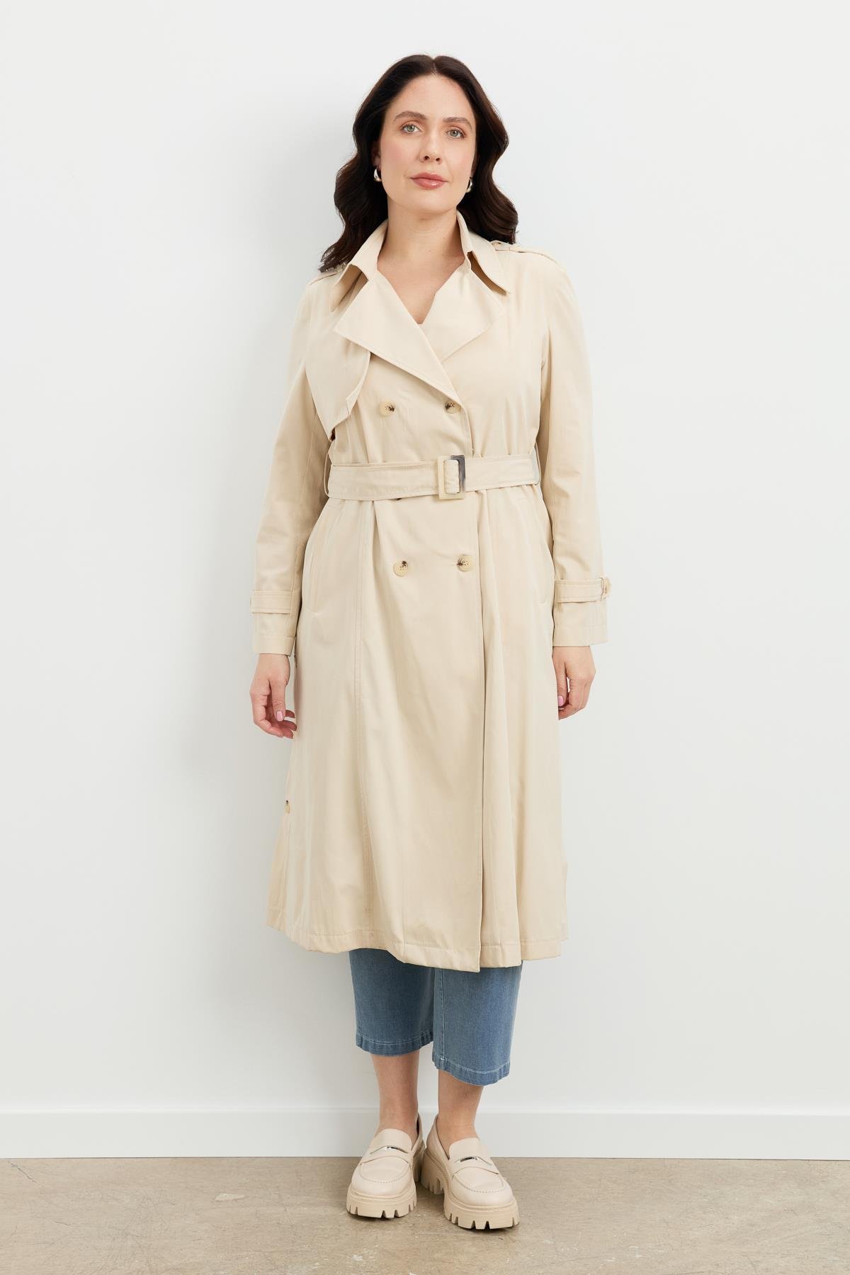 Büyük Beden Kruvaze Yaka Trençkot-BEJ