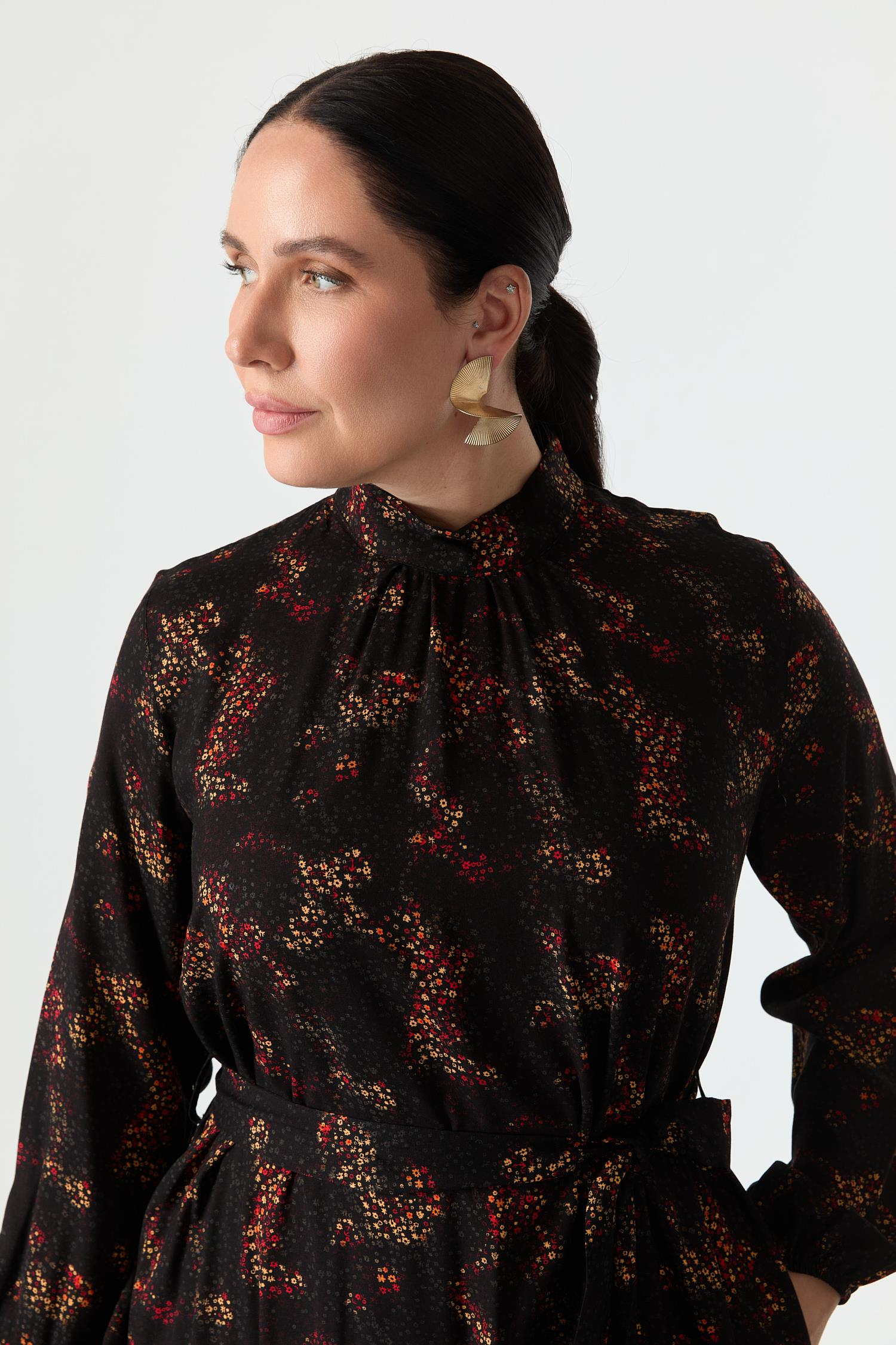 Büyük Beden Kuşak Detay Desenli Elbise-KIRMIZI