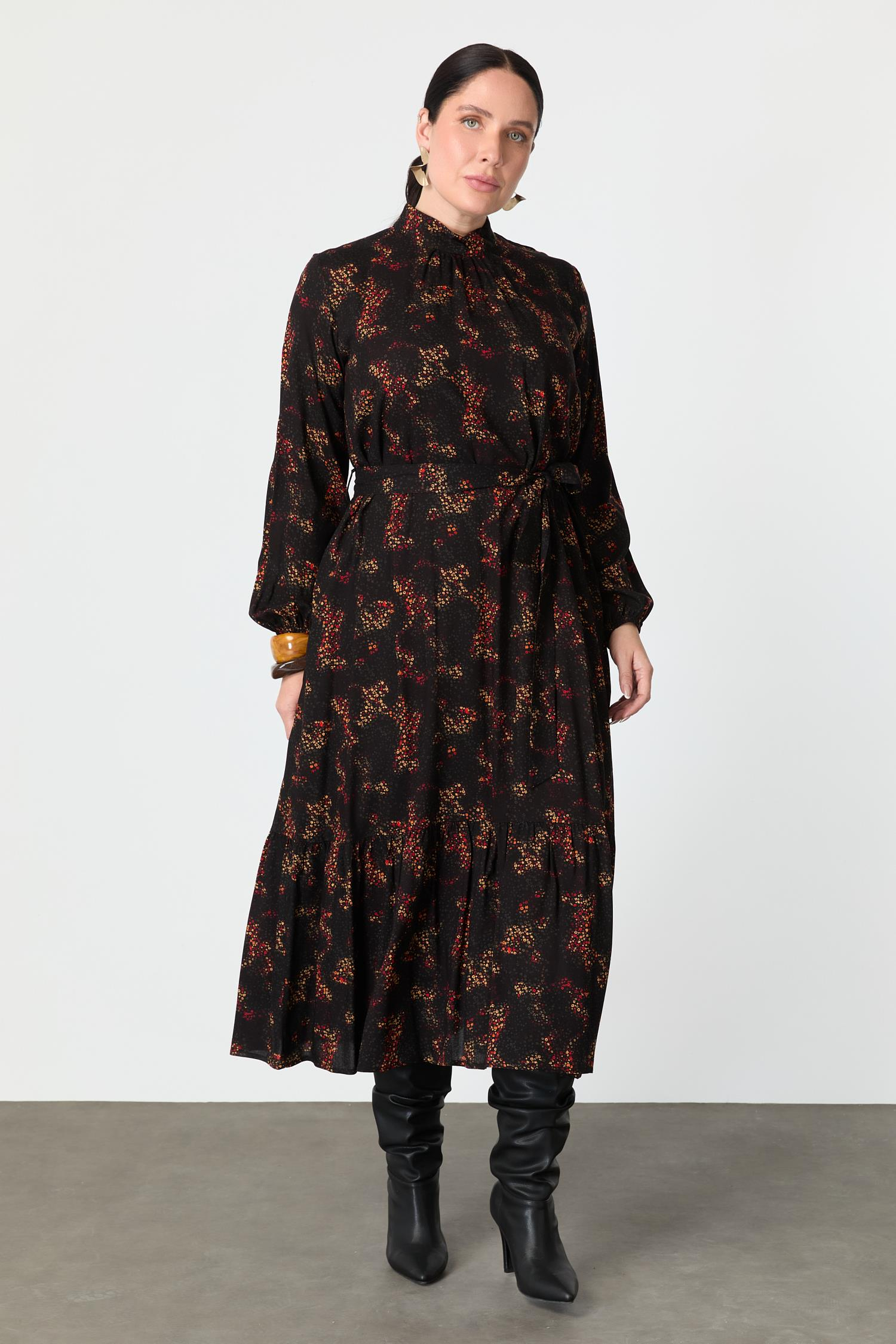 Büyük Beden Kuşak Detay Desenli Elbise-KIRMIZI