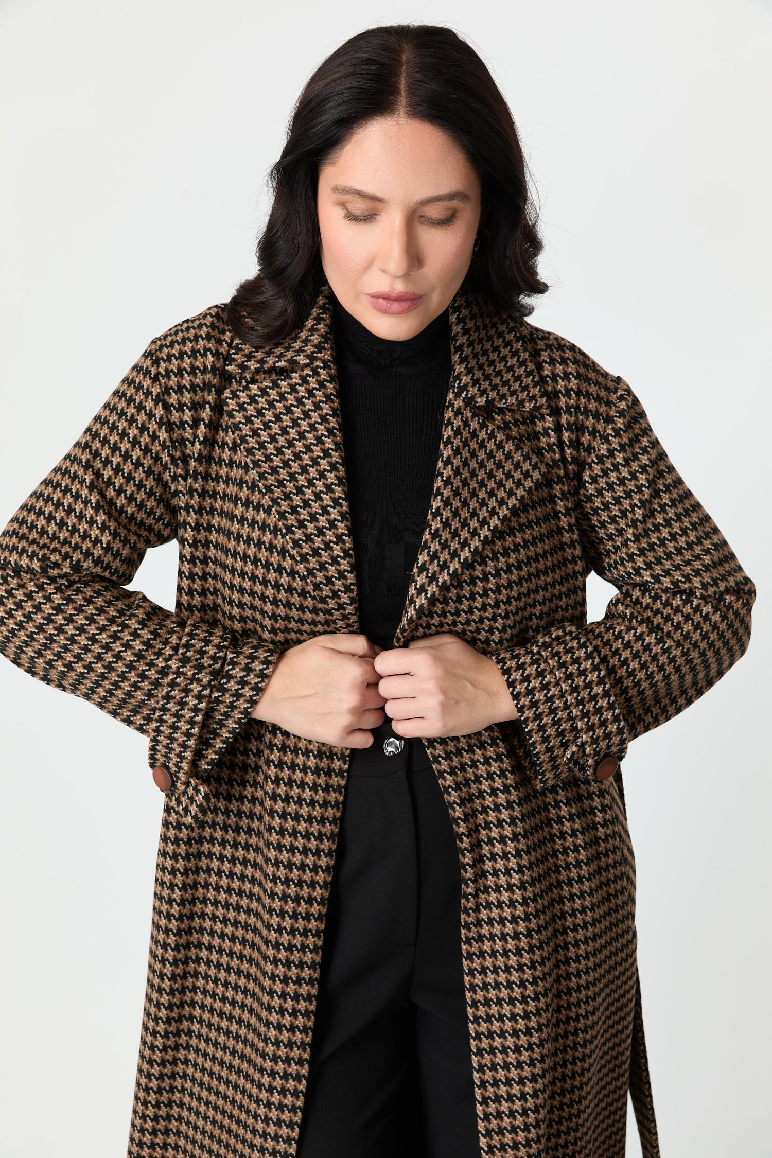 Büyük Beden Kuşaklı Kaban-KAHVE