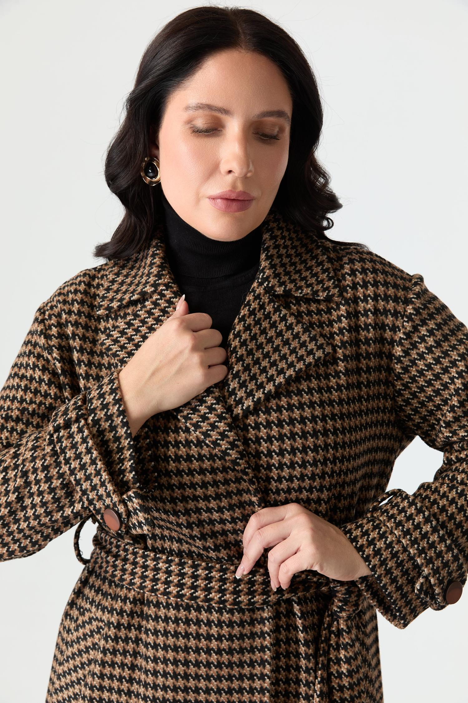 Büyük Beden Kuşaklı Kaban-KAHVE