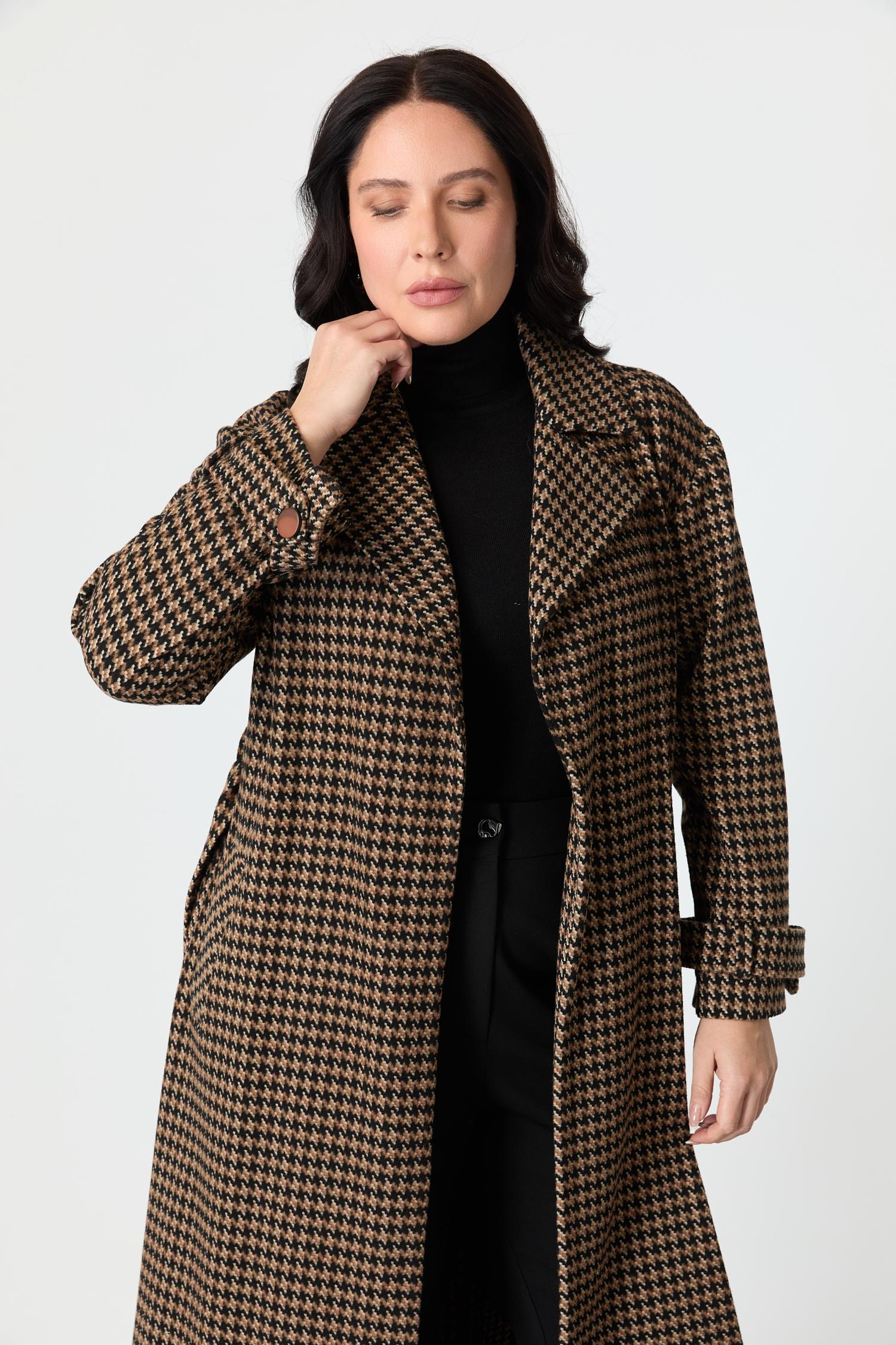 Büyük Beden Kuşaklı Kaban-KAHVE