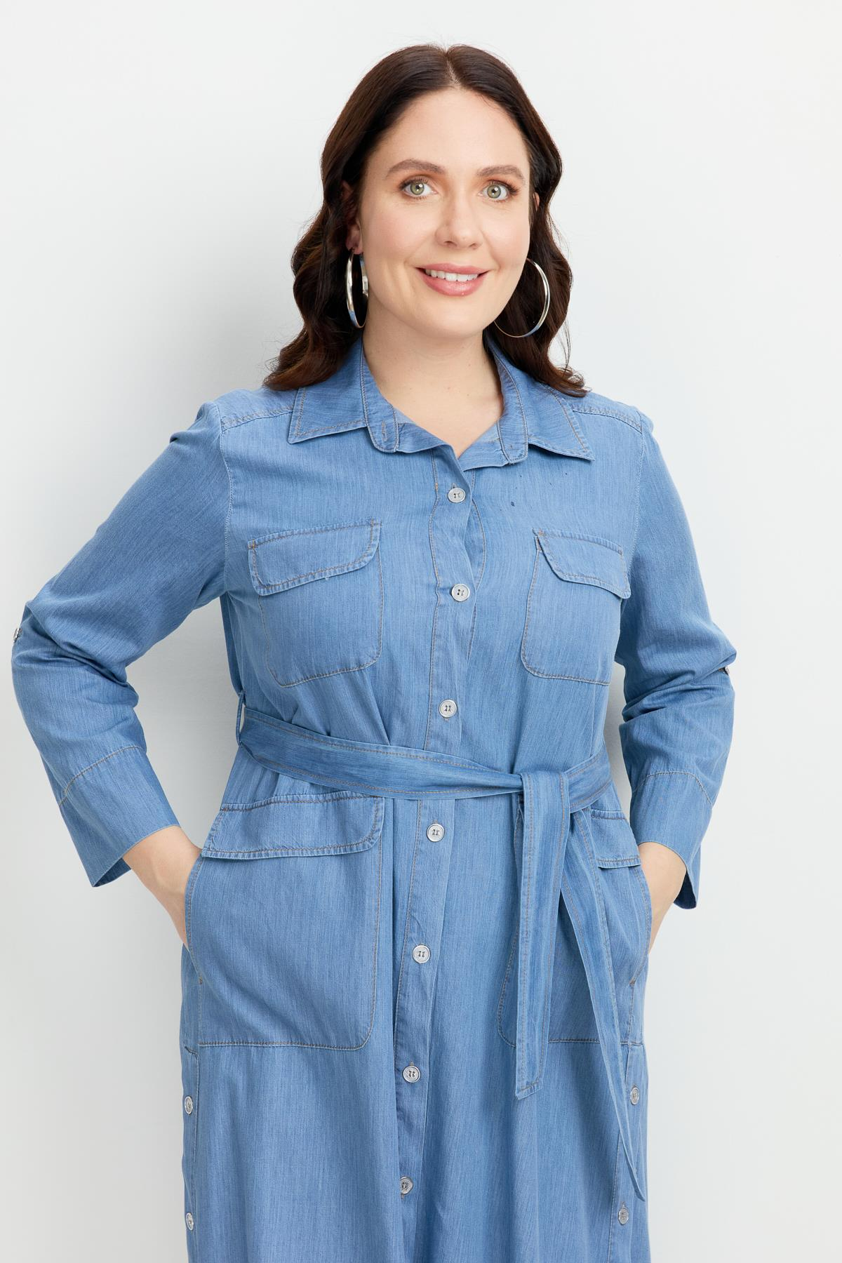 Büyük Beden Kuşaklı Uzun Kot Elbise-MAVİ