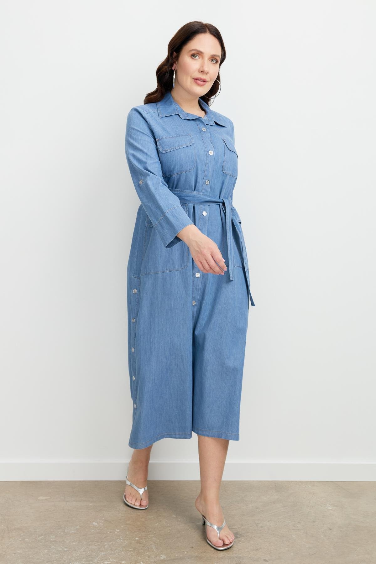 Büyük Beden Kuşaklı Uzun Kot Elbise-MAVİ