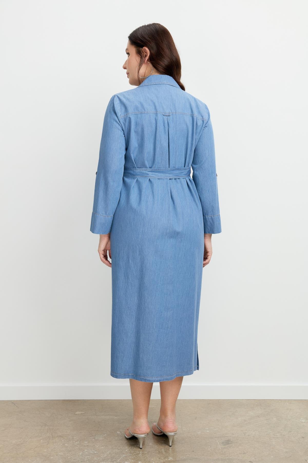 Büyük Beden Kuşaklı Uzun Kot Elbise-MAVİ