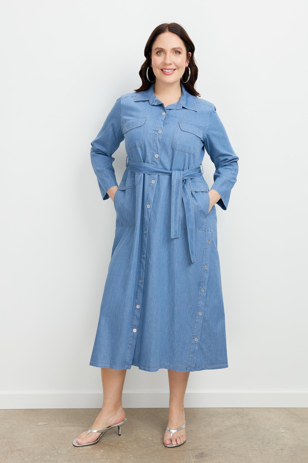 Büyük Beden Kuşaklı Uzun Kot Elbise-MAVİ