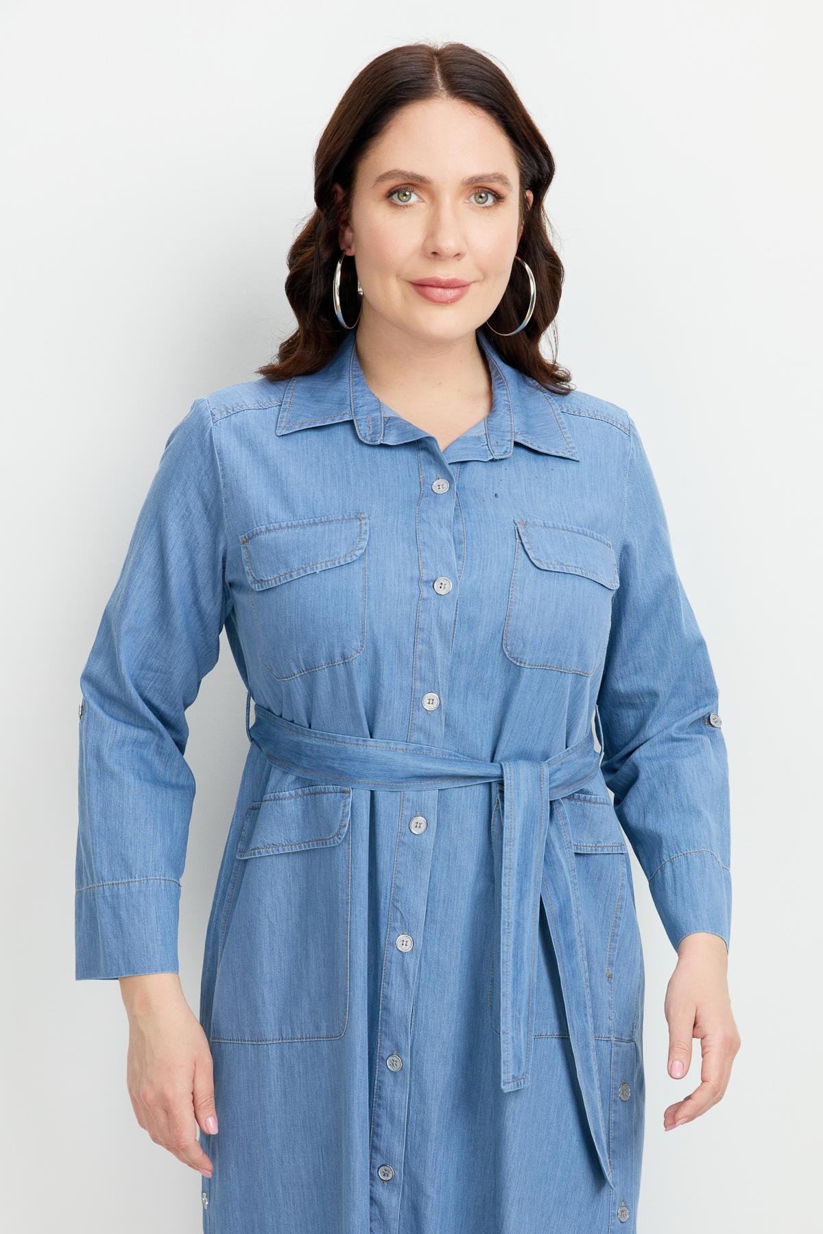 Büyük Beden Kuşaklı Uzun Kot Elbise-MAVİ