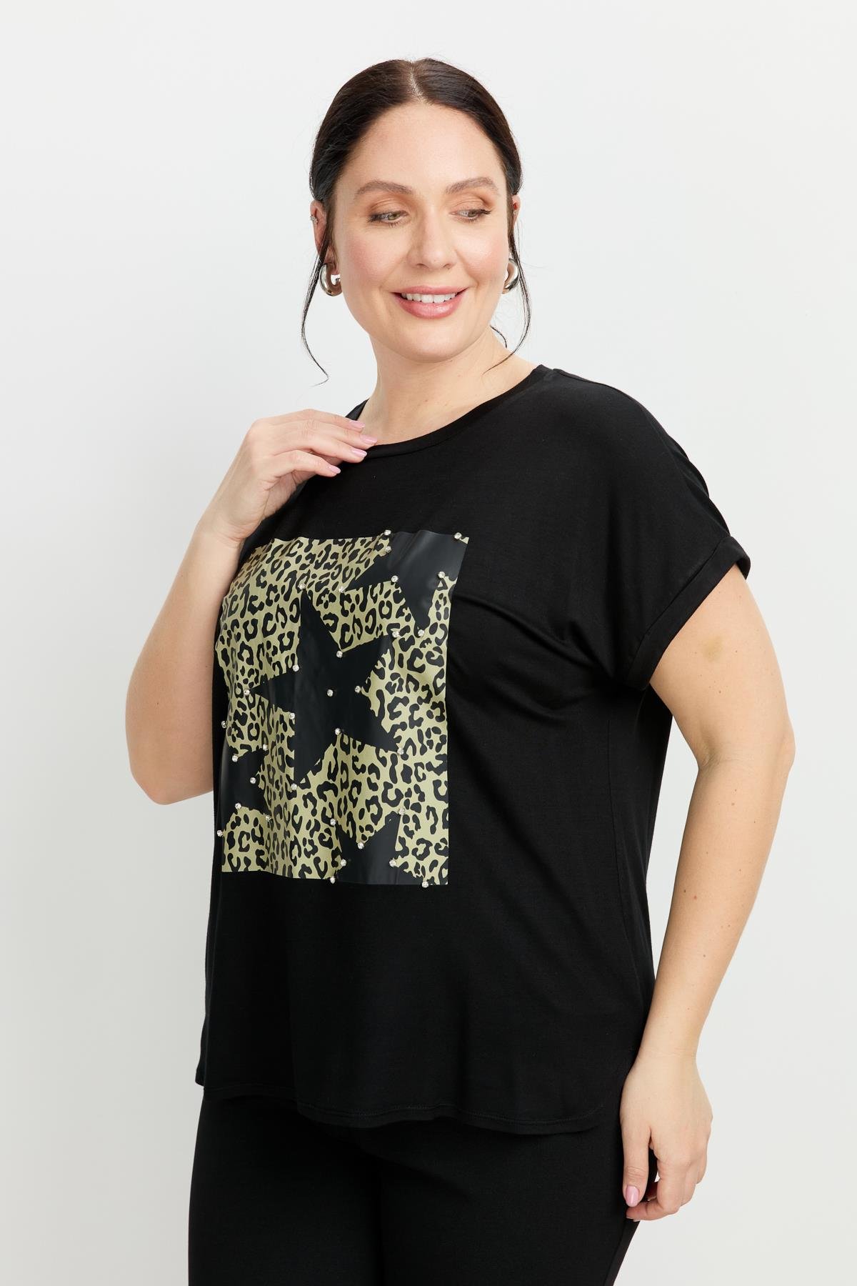 Büyük Beden Leopar Baskı Bluz-SİYAH