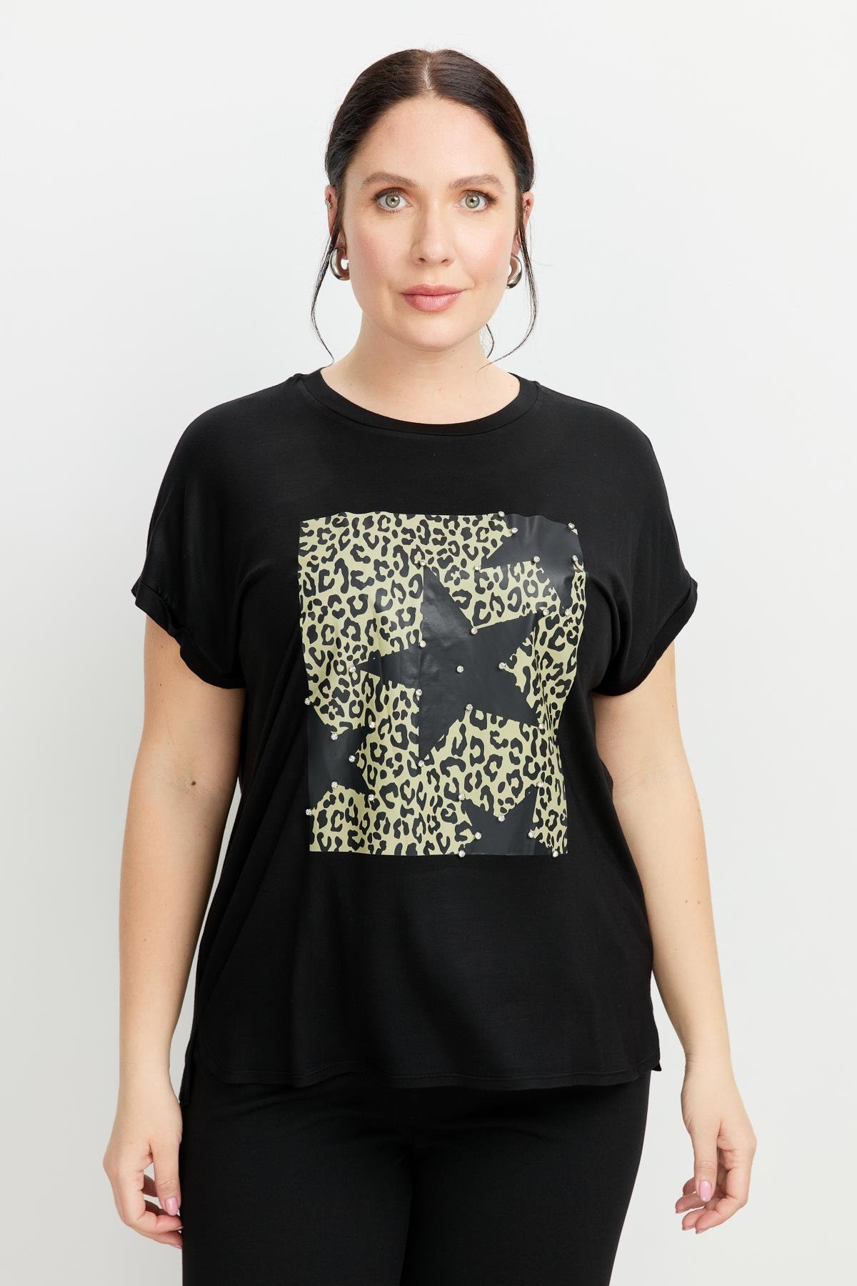 Büyük Beden Leopar Baskı Bluz-SİYAH
