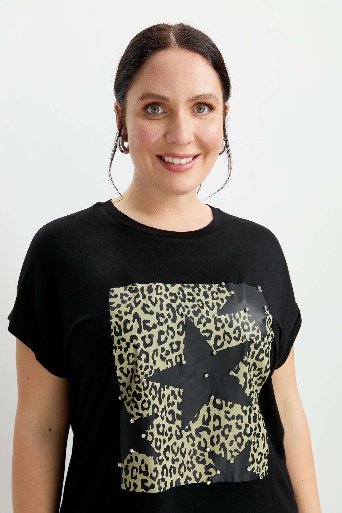 Büyük Beden Leopar Baskı Bluz-SİYAH