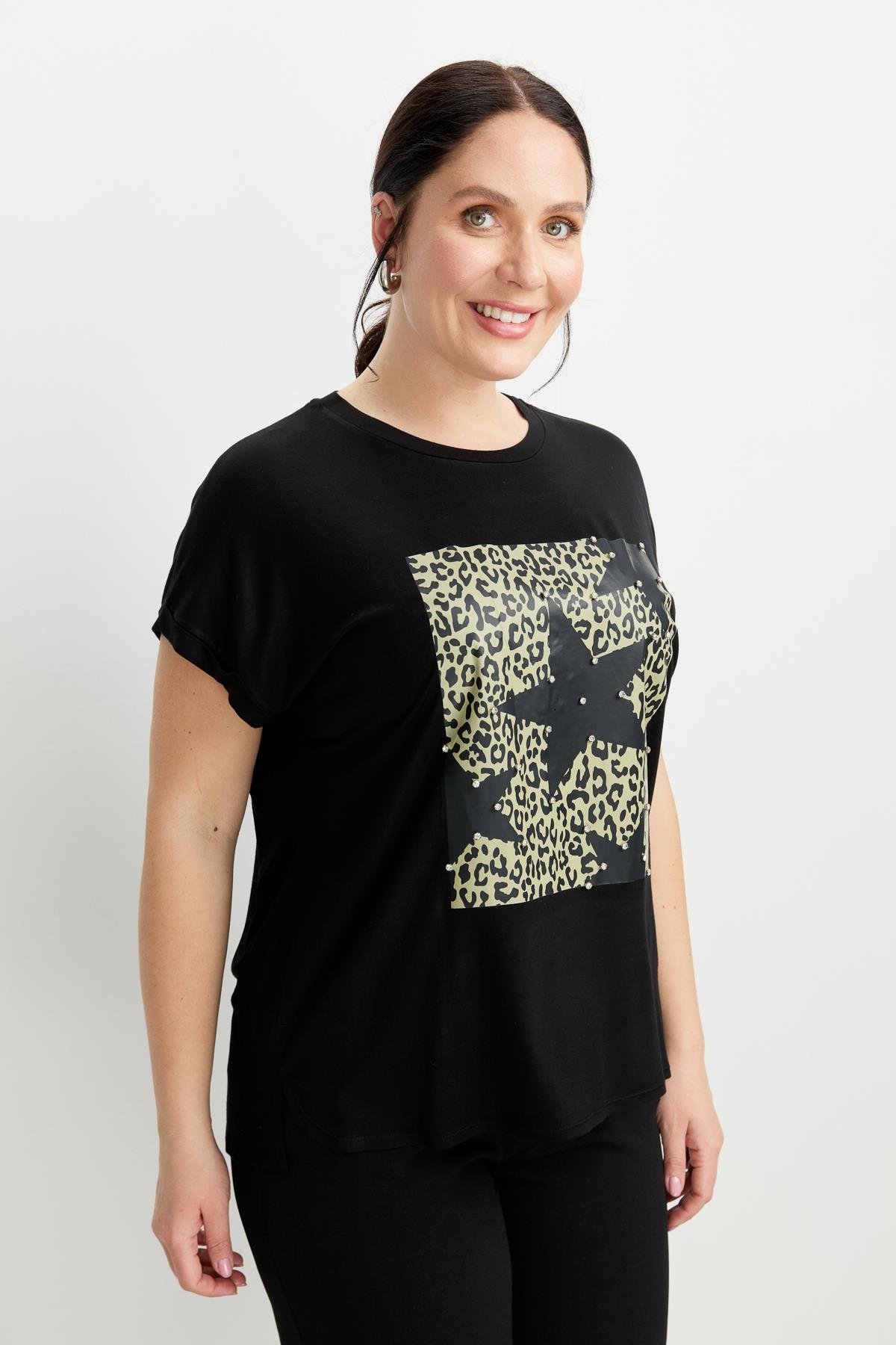 Büyük Beden Leopar Baskı Bluz-SİYAH