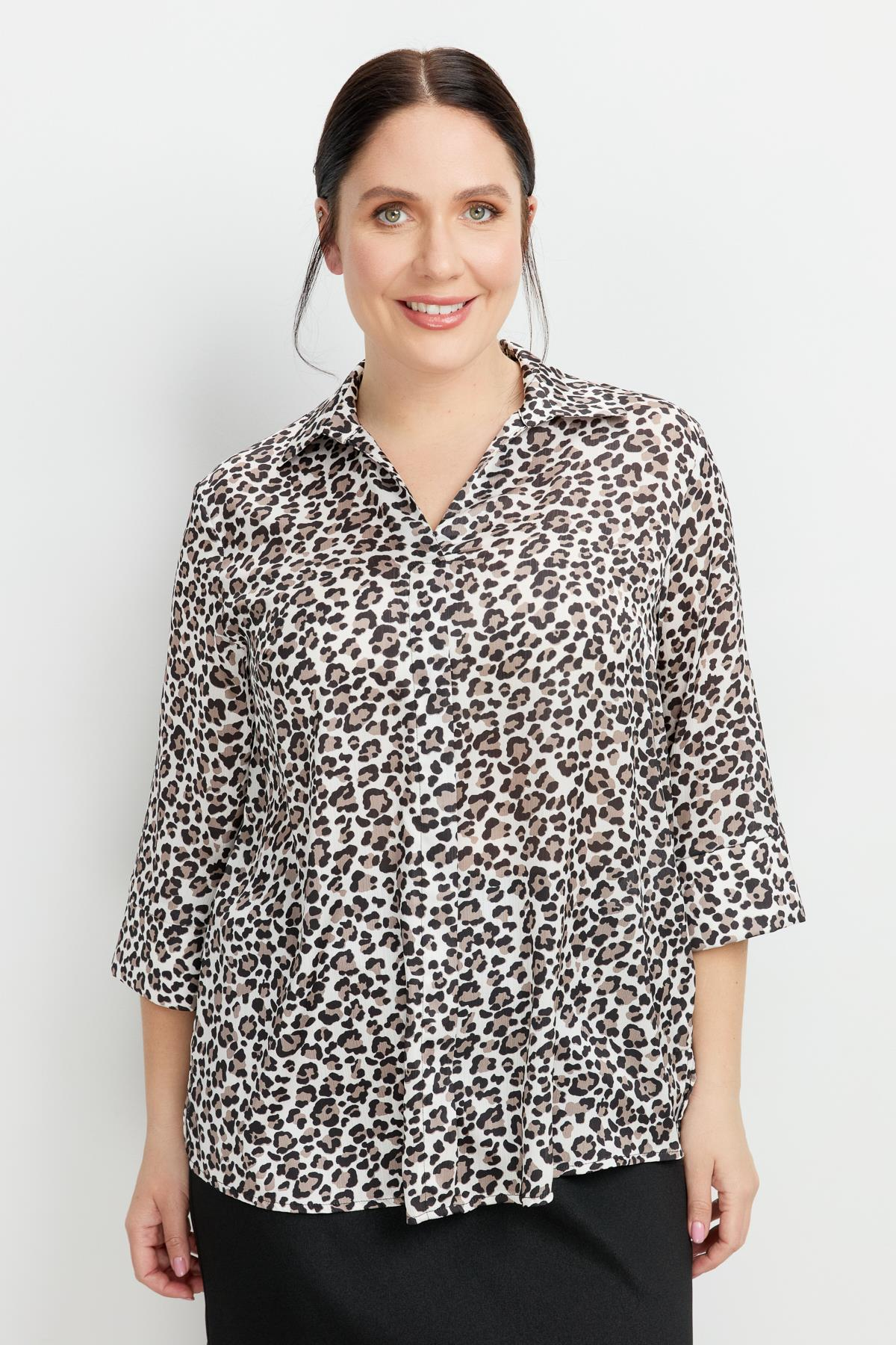 Büyük Beden Leopar Desen Gömlek-SİYAH