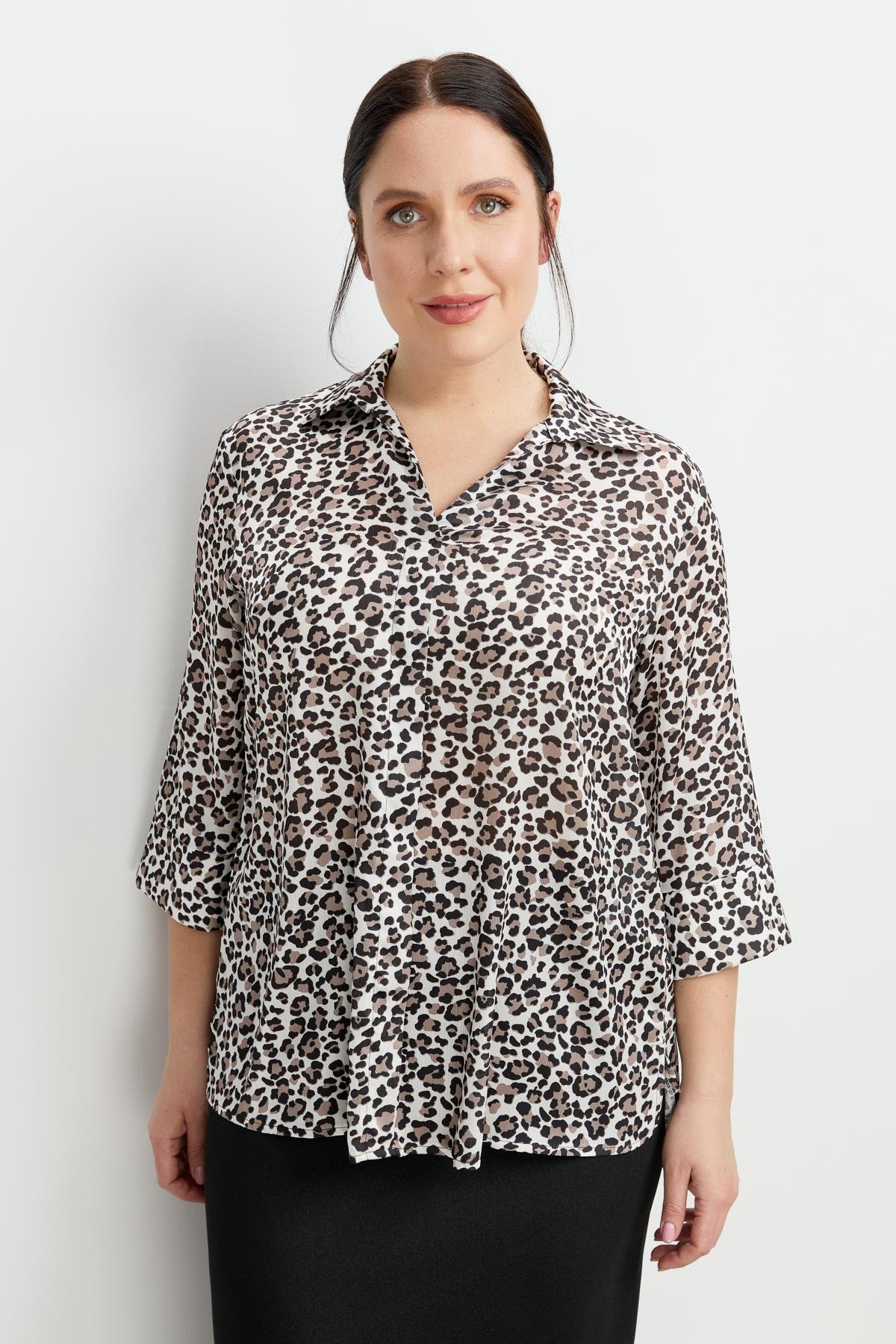 Büyük Beden Leopar Desen Gömlek-SİYAH