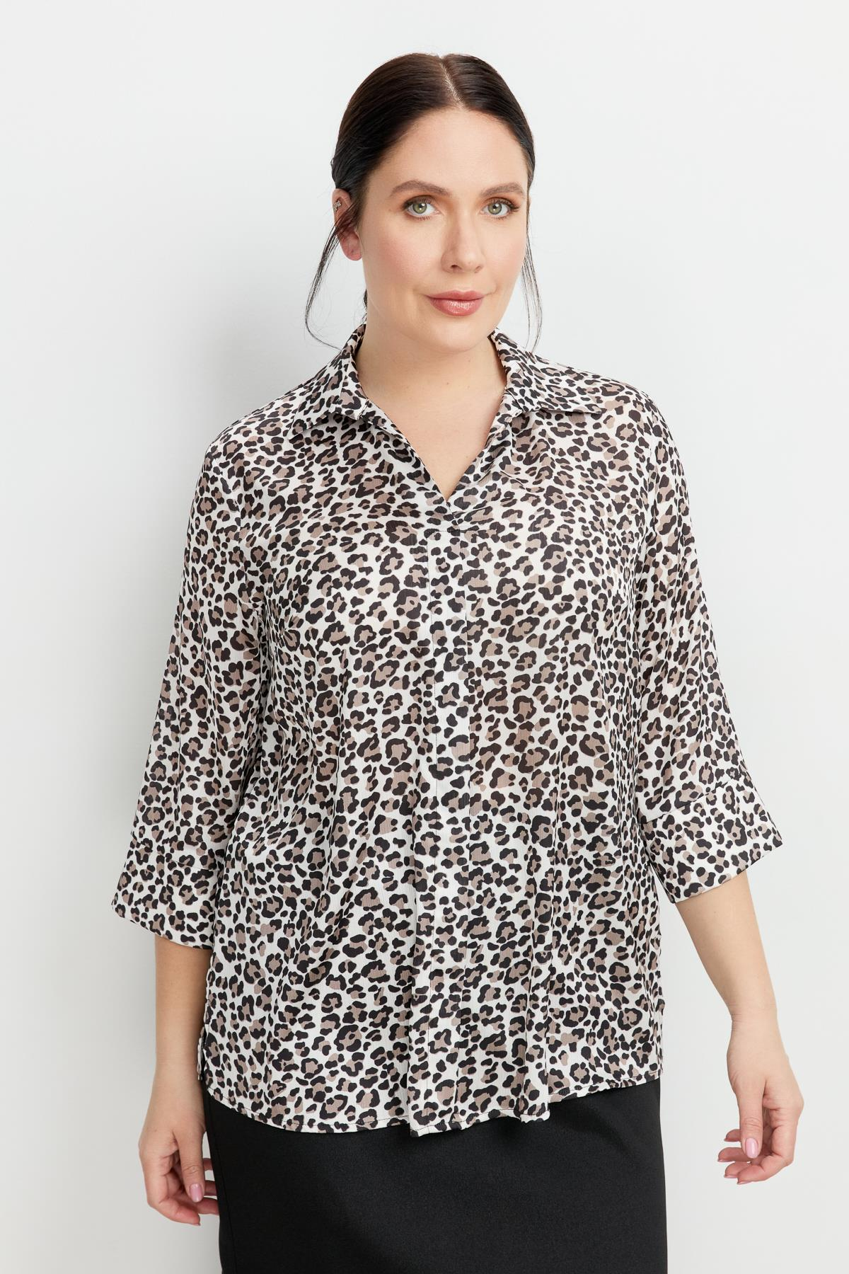 Büyük Beden Leopar Desen Gömlek-SİYAH