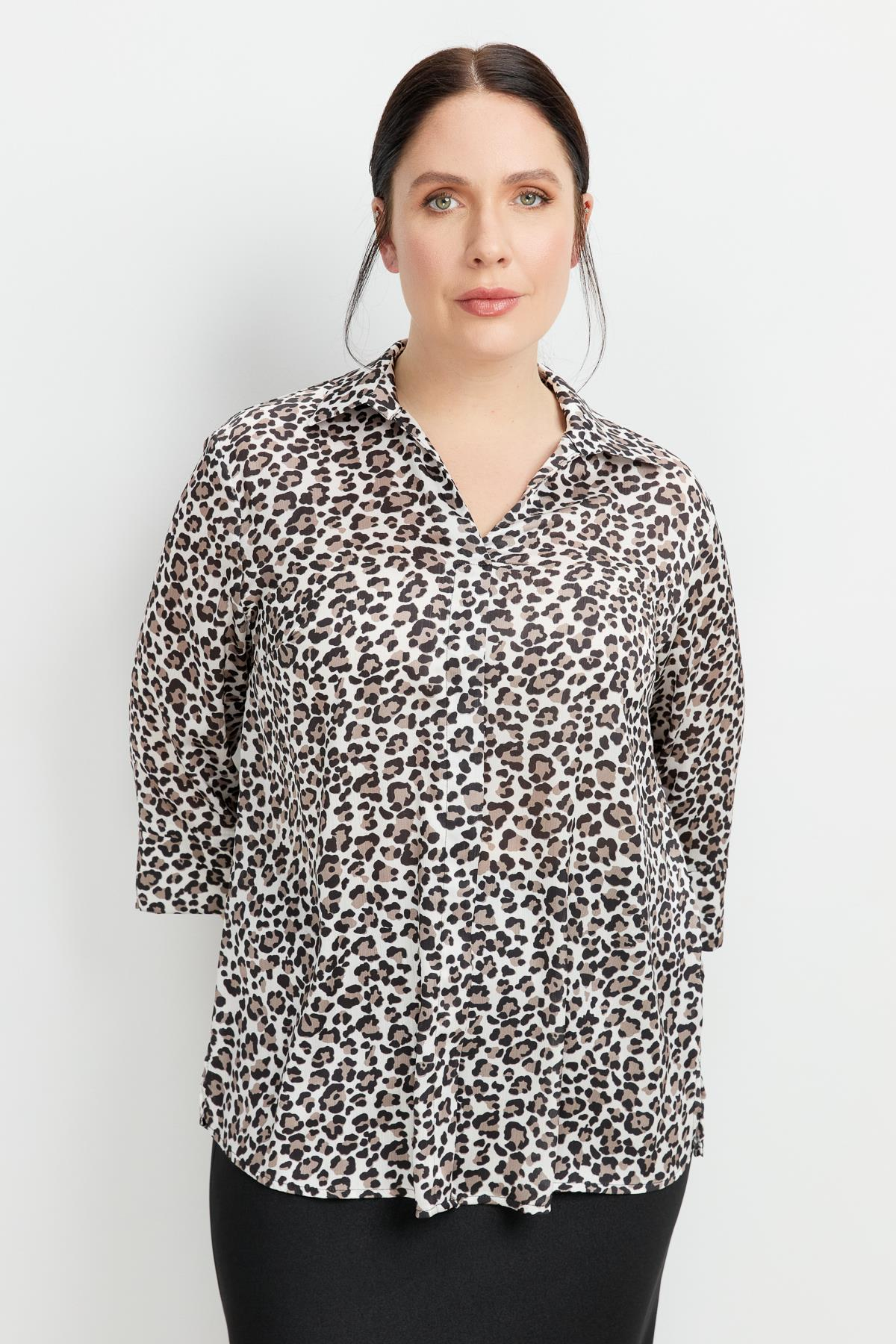 Büyük Beden Leopar Desen Gömlek-SİYAH