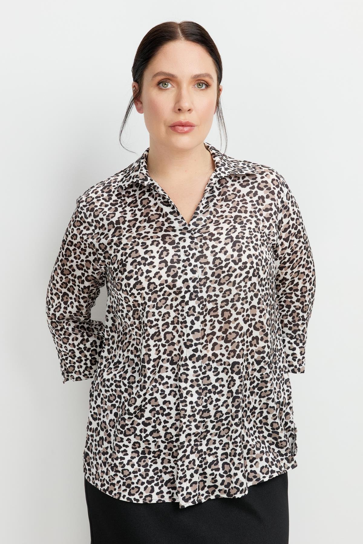 Büyük Beden Leopar Desen Gömlek-SİYAH