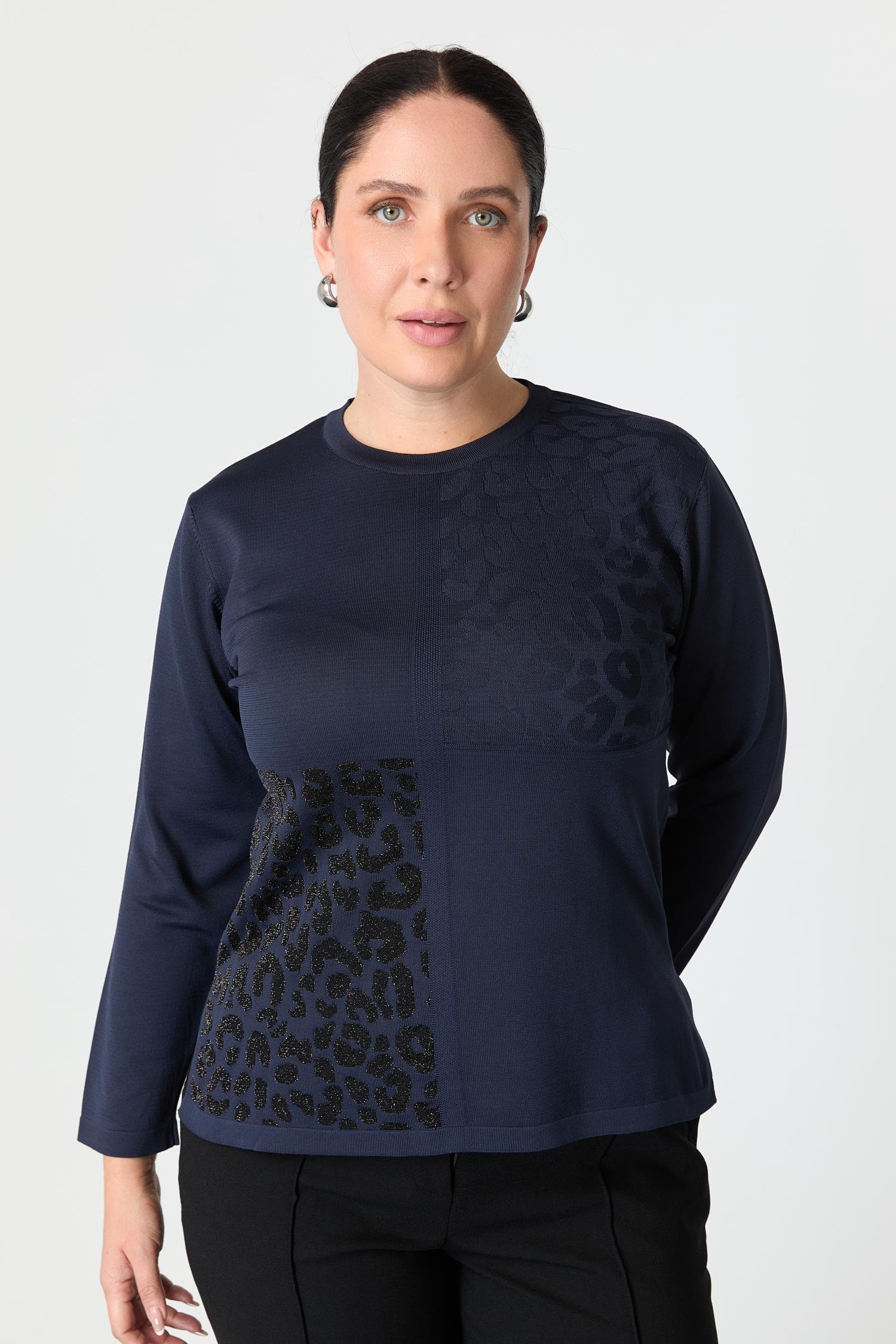 Büyük Beden Leopar Desenli Triko Kazak-LACI