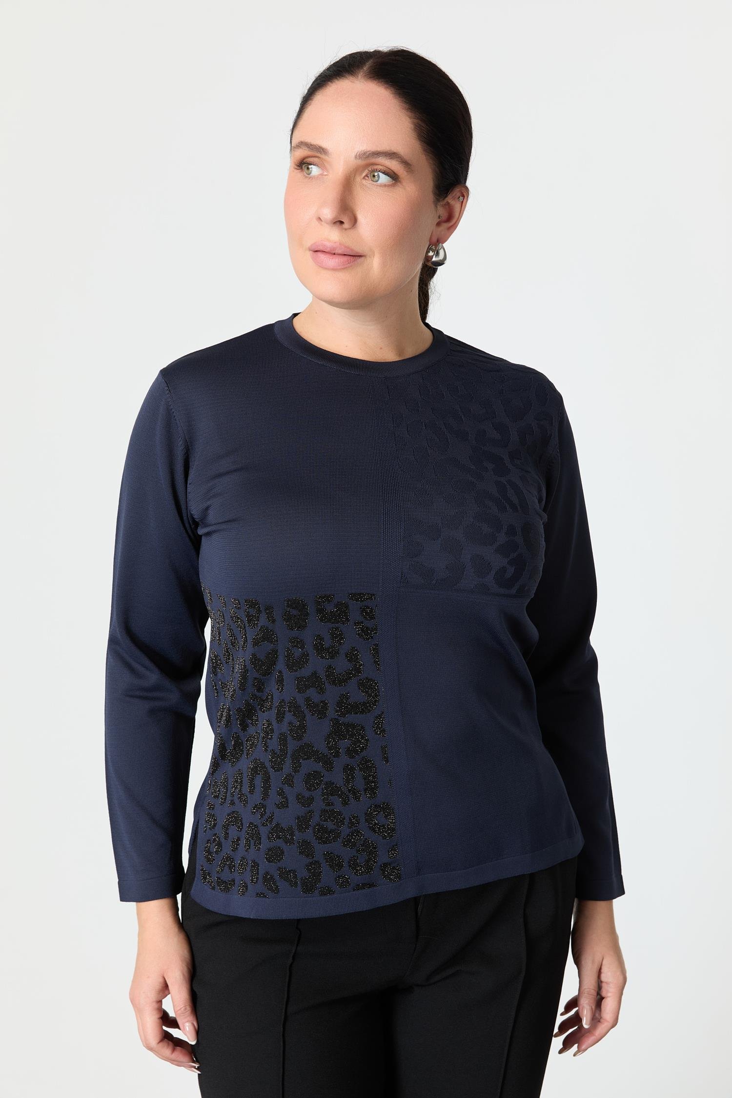 Büyük Beden Leopar Desenli Triko Kazak-LACI