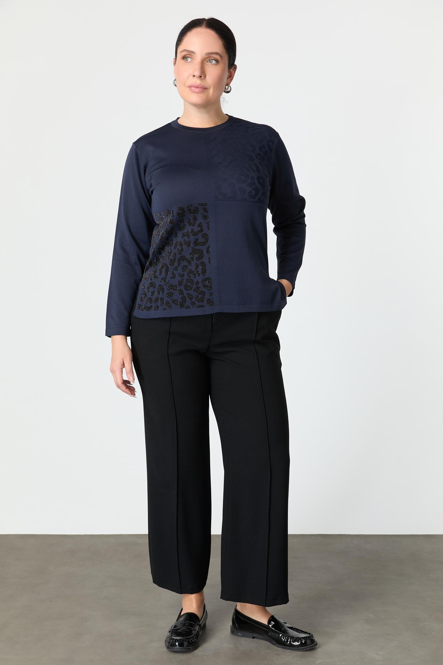 Büyük Beden Leopar Desenli Triko Kazak-LACI