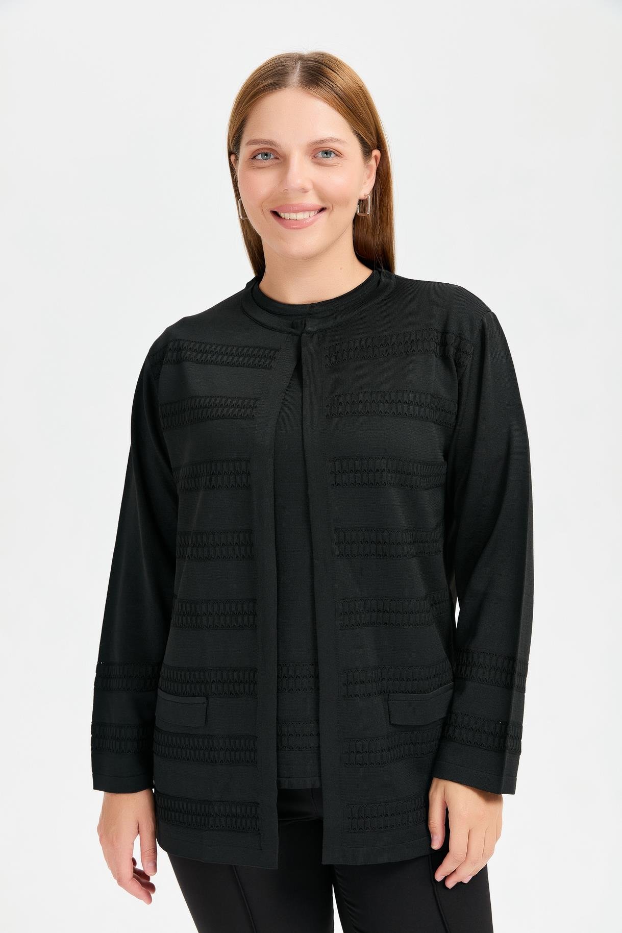 Büyük Beden Önü Örgü Desenli Tunik Triko Takım - SİYAH