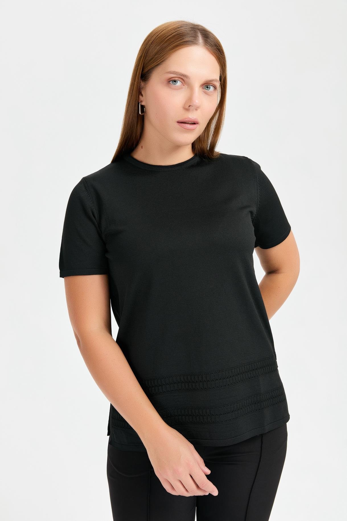 Büyük Beden Önü Örgü Desenli Tunik Triko Takım - SİYAH