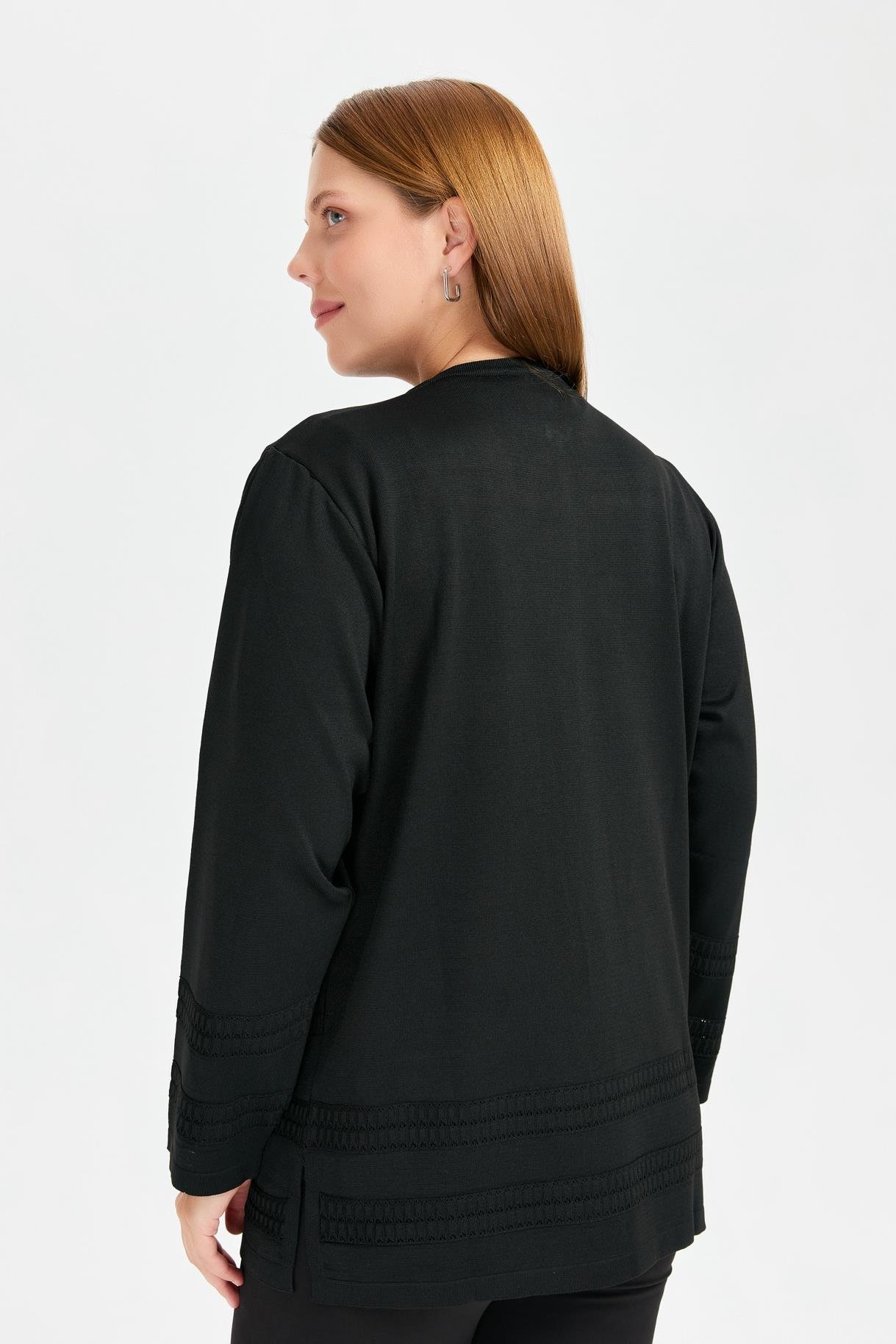 Büyük Beden Önü Örgü Desenli Tunik Triko Takım - SİYAH