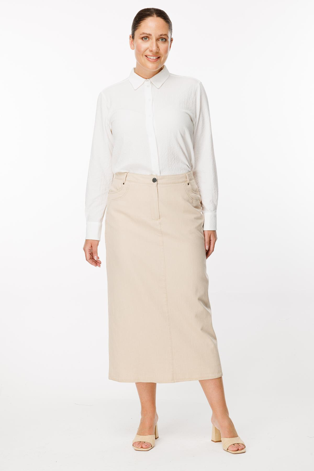 Büyük Beden Pamuk Kot Etek - BEJ