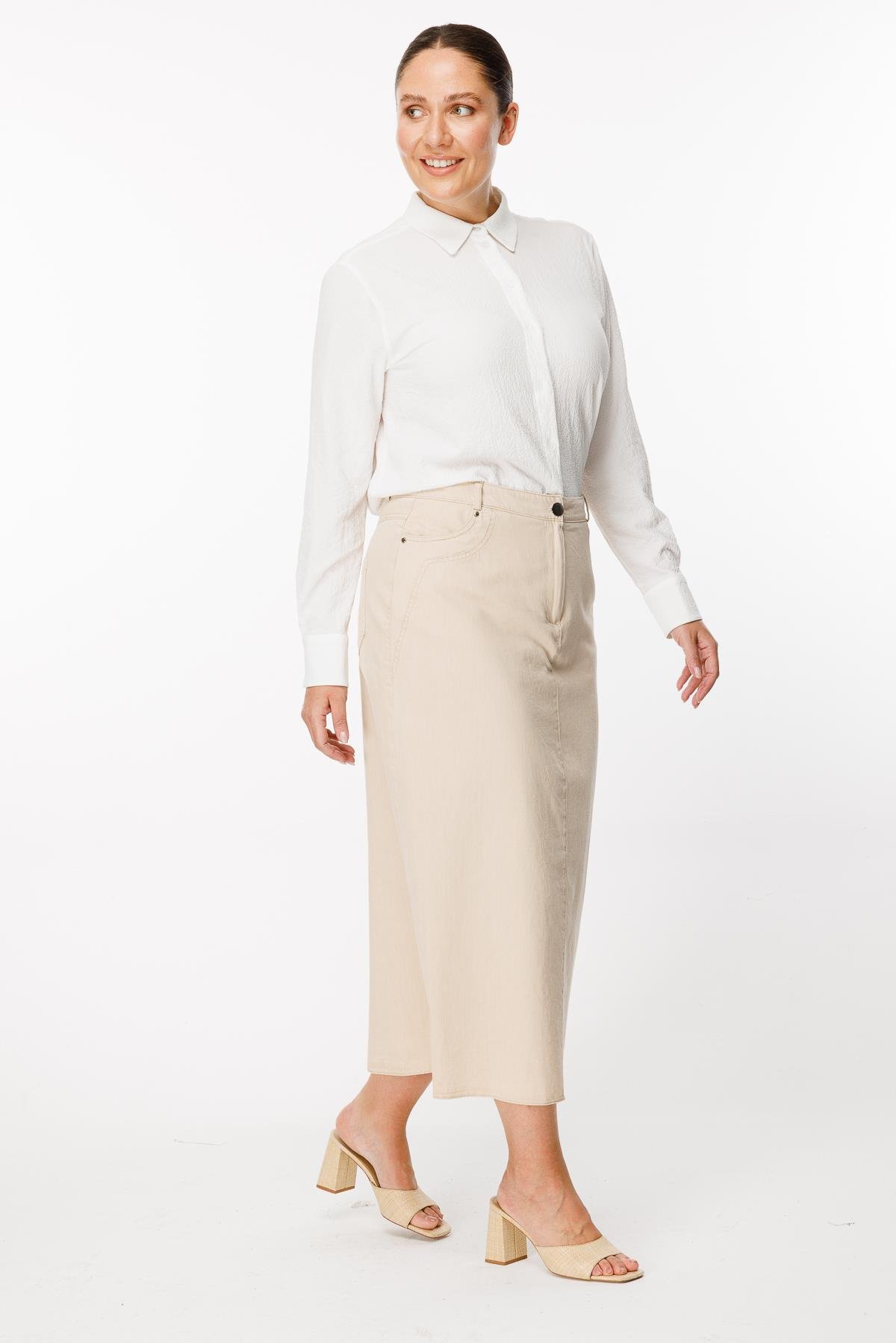 Büyük Beden Pamuk Kot Etek - BEJ