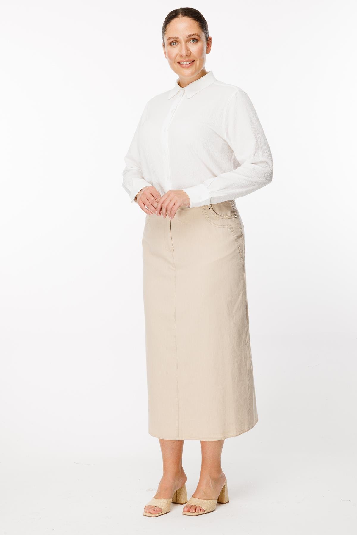 Büyük Beden Pamuk Kot Etek - BEJ