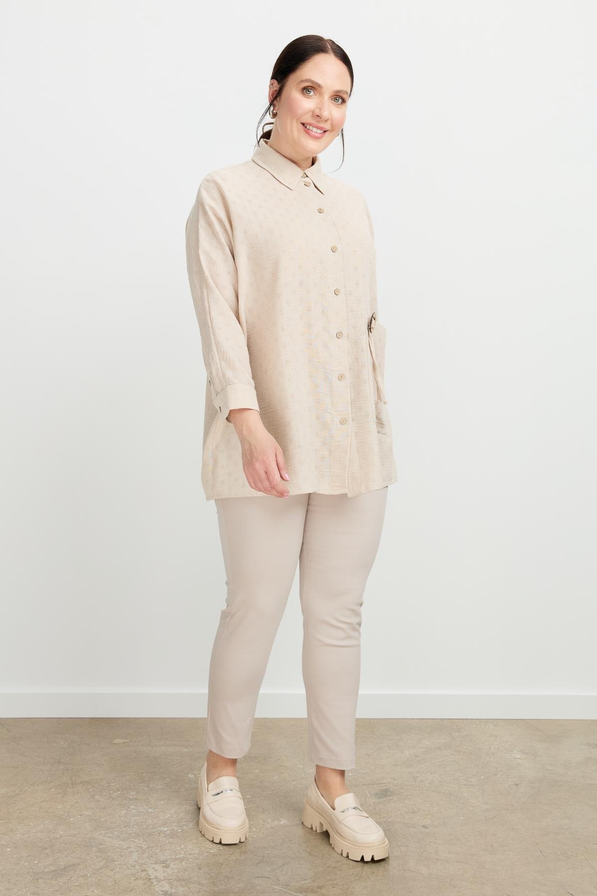 Büyük Beden Petek Keten Gömlek-VİZON