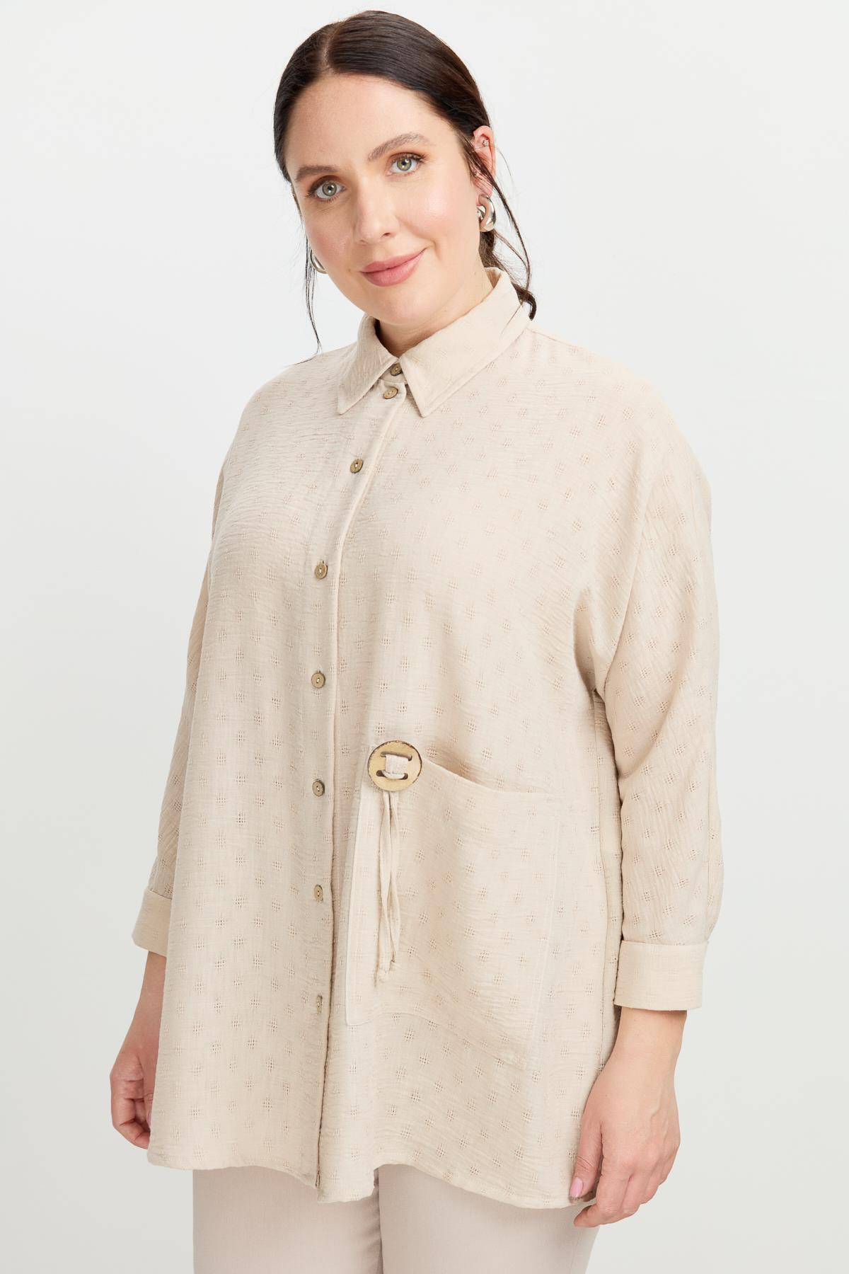 Büyük Beden Petek Keten Gömlek-VİZON