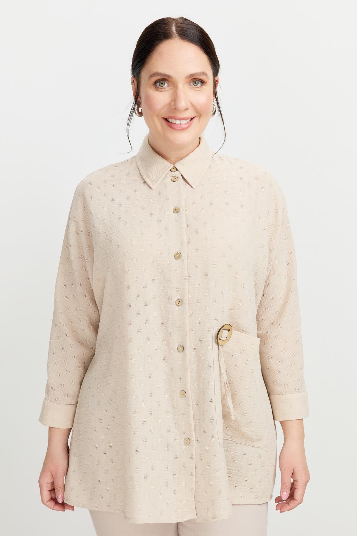 Büyük Beden Petek Keten Gömlek-VİZON