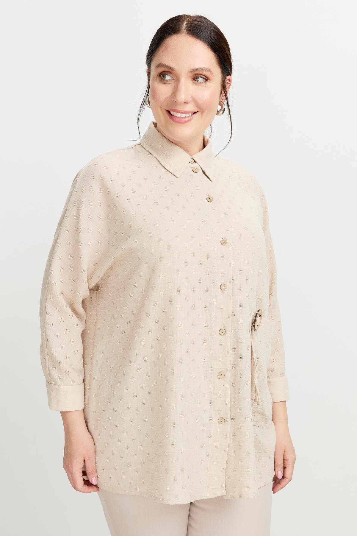 Büyük Beden Petek Keten Gömlek-VİZON