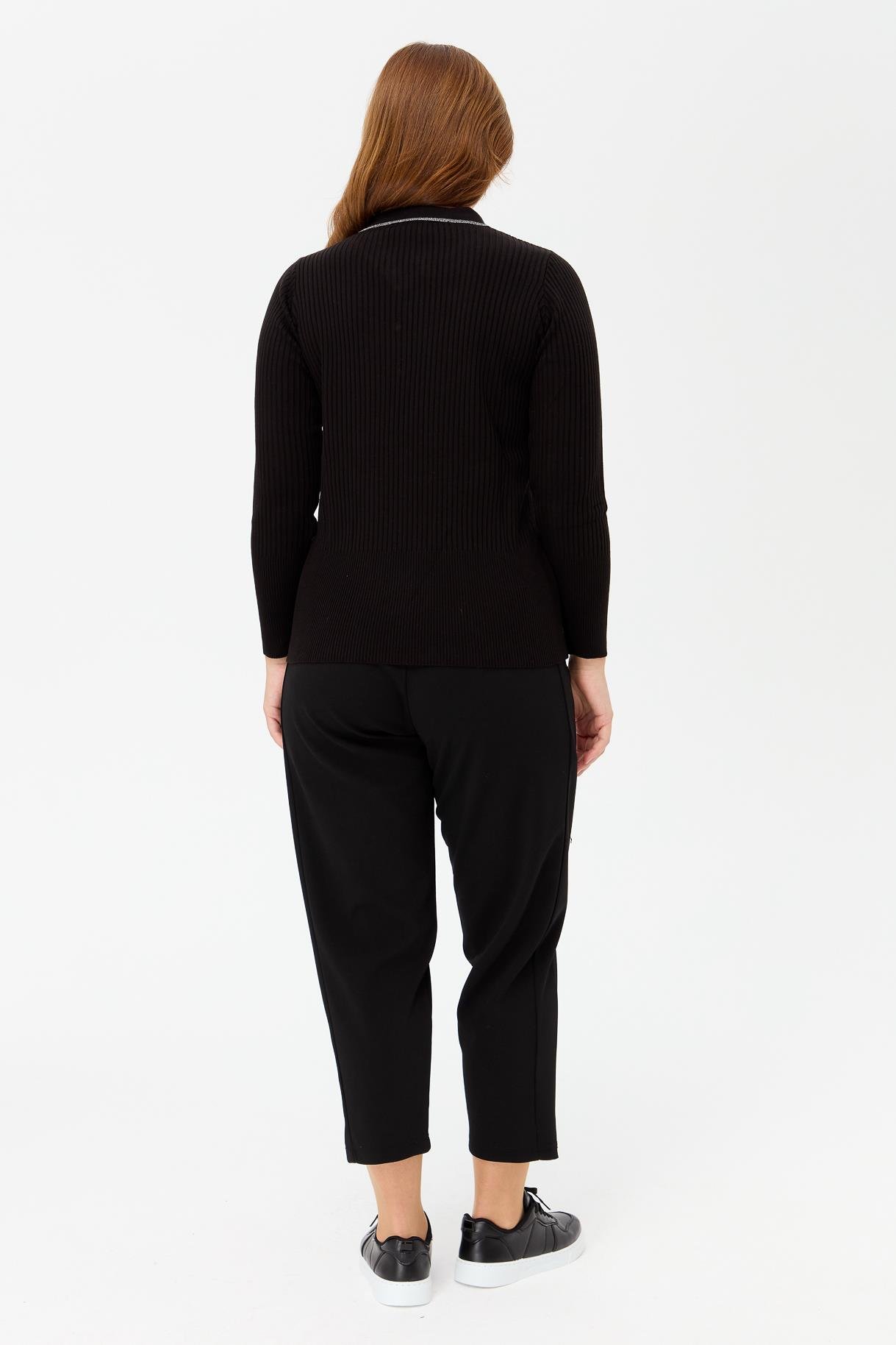 Büyük Beden Polo Yaka Fitilli Triko Kazak - SİYAH