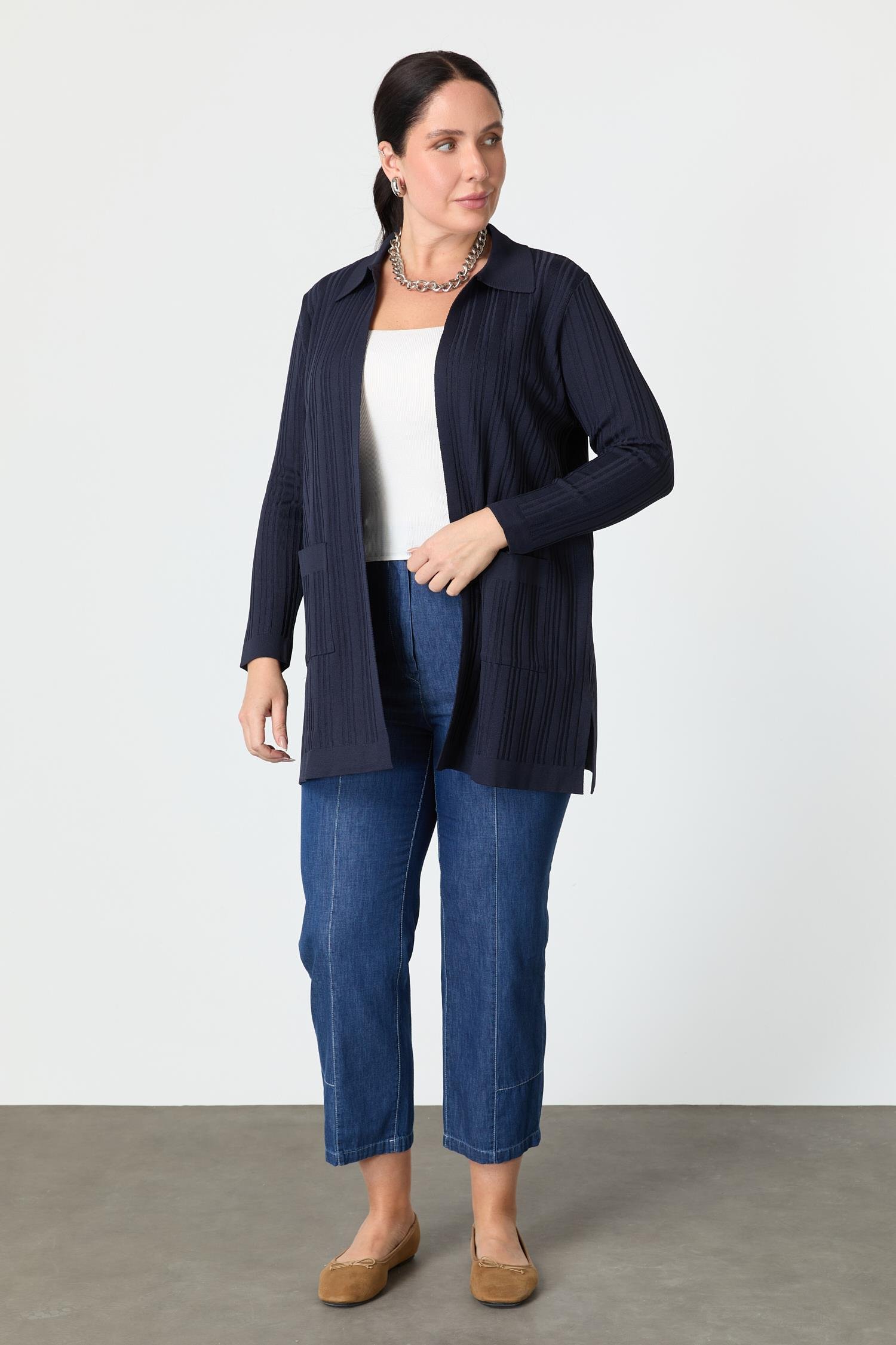 Büyük Beden Polo Yaka Triko Hırka-LACI