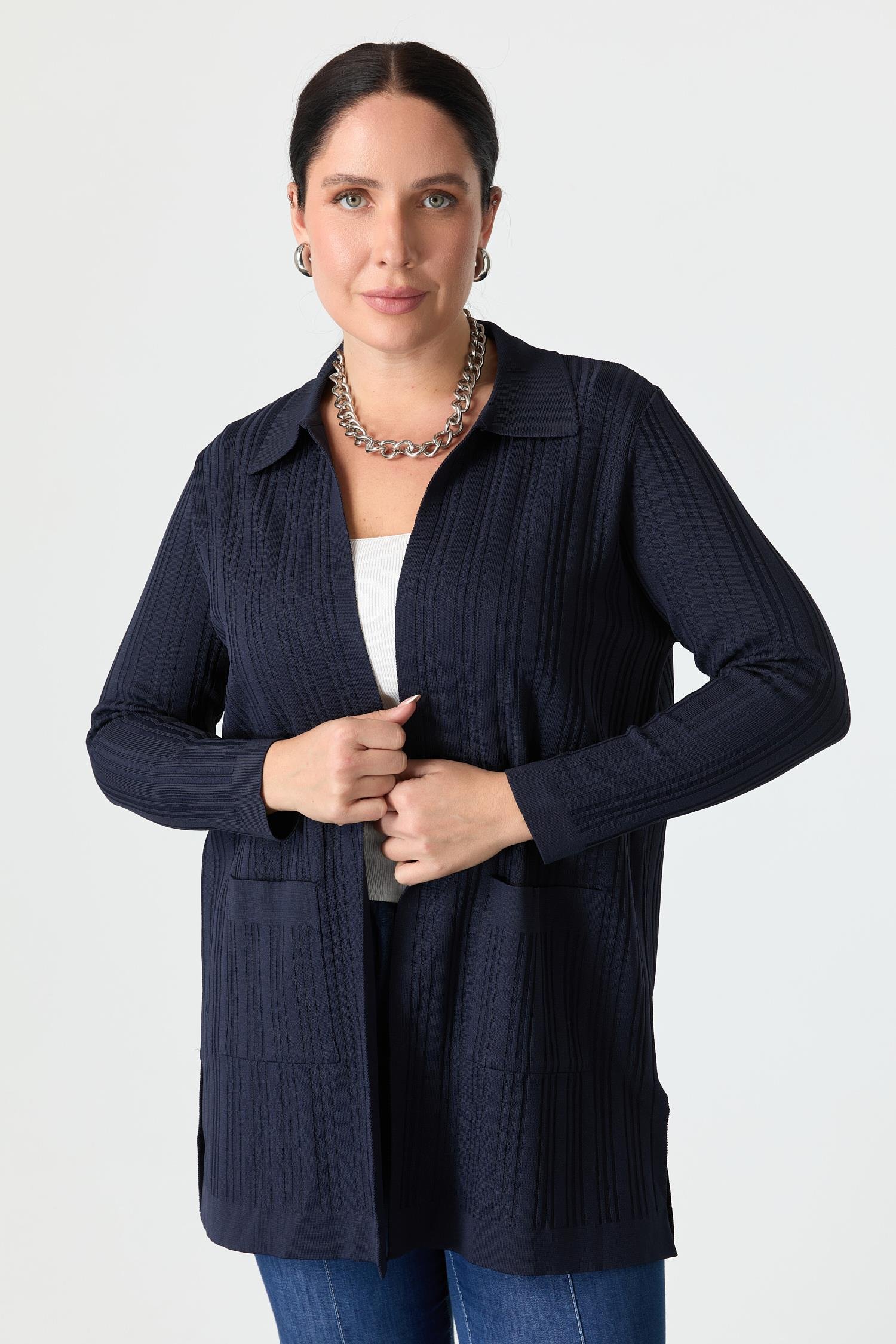 Büyük Beden Polo Yaka Triko Hırka-LACI