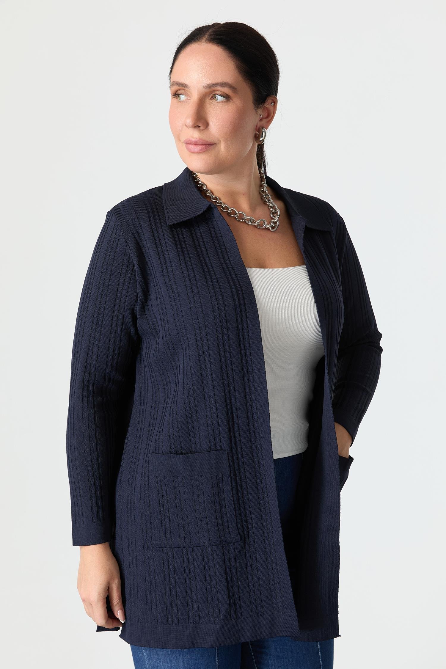 Büyük Beden Polo Yaka Triko Hırka-LACI