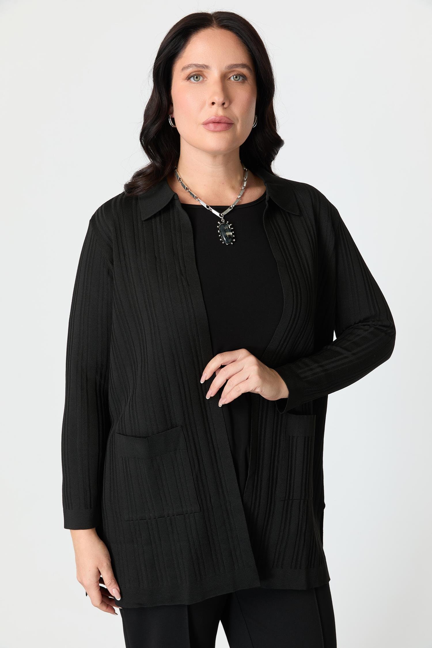 Büyük Beden Polo Yaka Triko Hırka-SİYAH