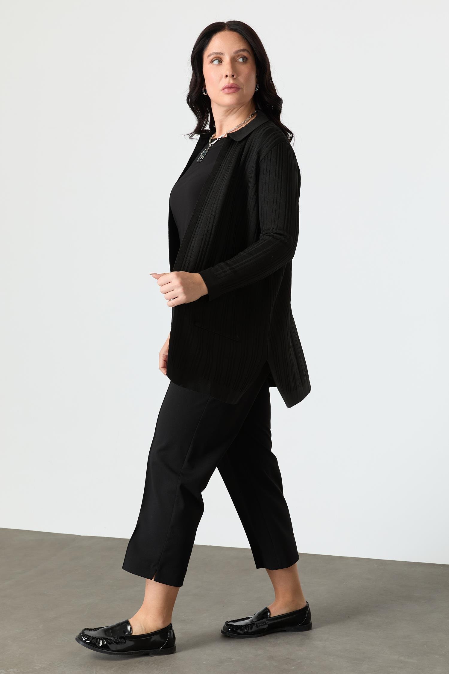 Büyük Beden Polo Yaka Triko Hırka-SİYAH