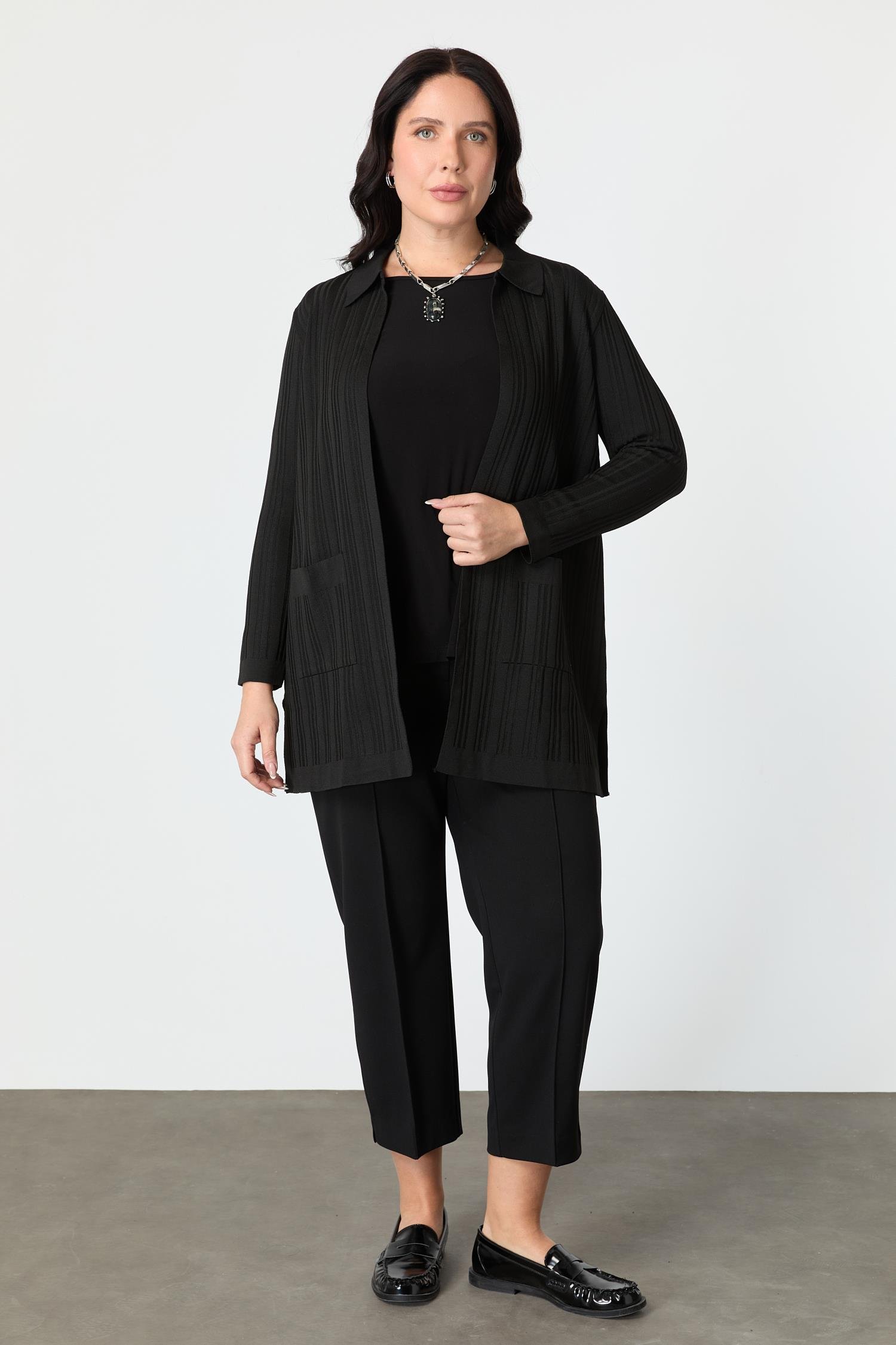 Büyük Beden Polo Yaka Triko Hırka-SİYAH