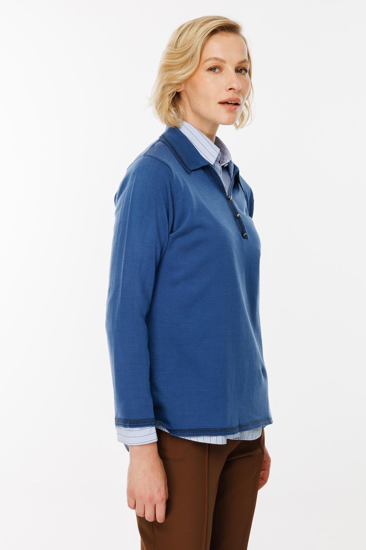 Büyük Beden Polo Yaka Triko Kazak - İNDİGO