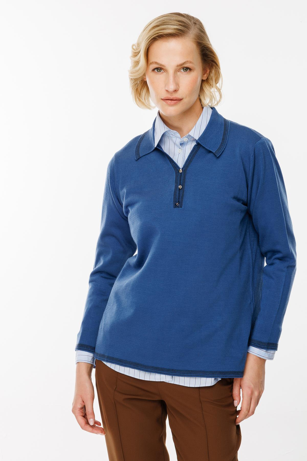 Büyük Beden Polo Yaka Triko Kazak - İNDİGO