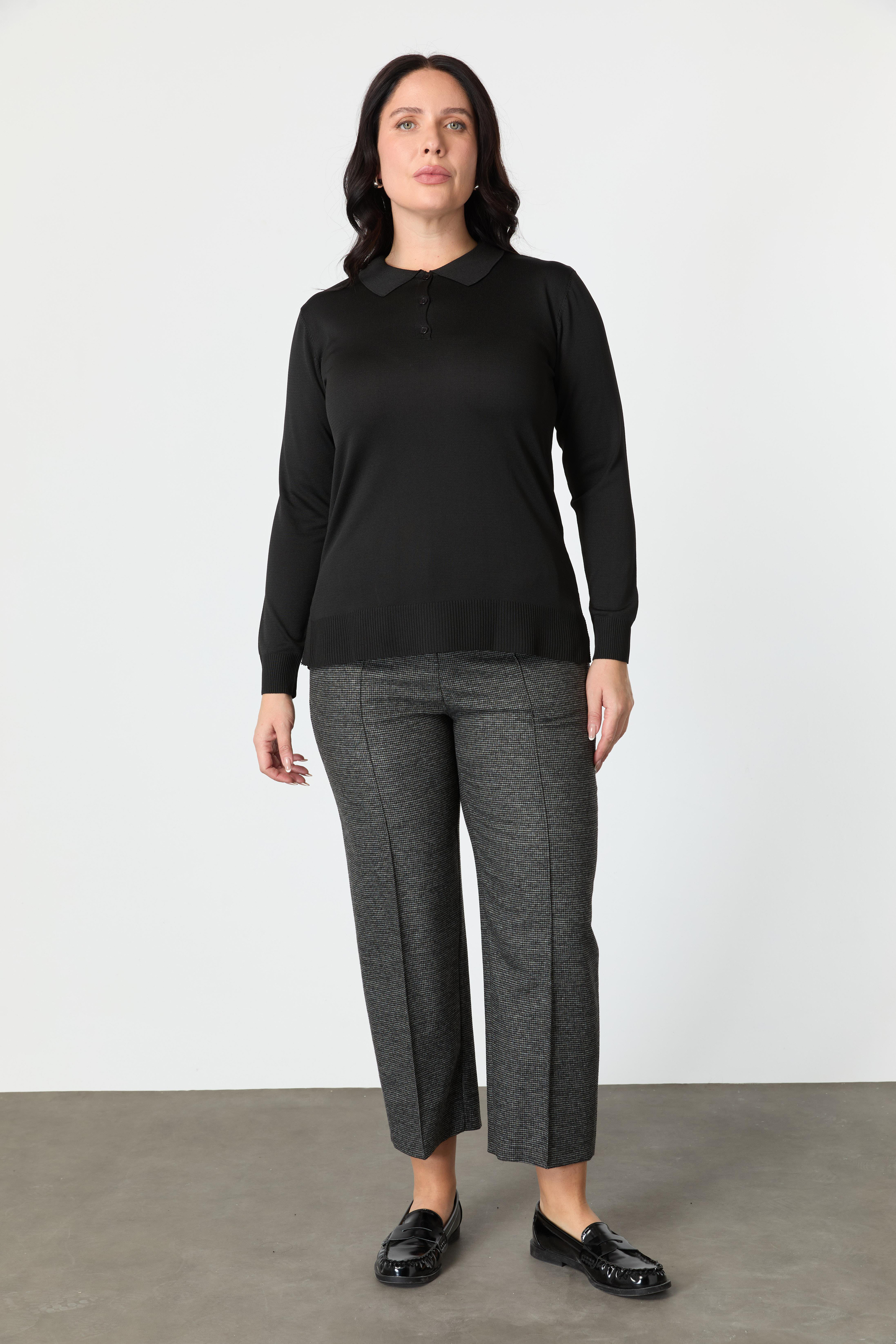 Büyük Beden Polo Yaka Triko Kazak-SİYAH