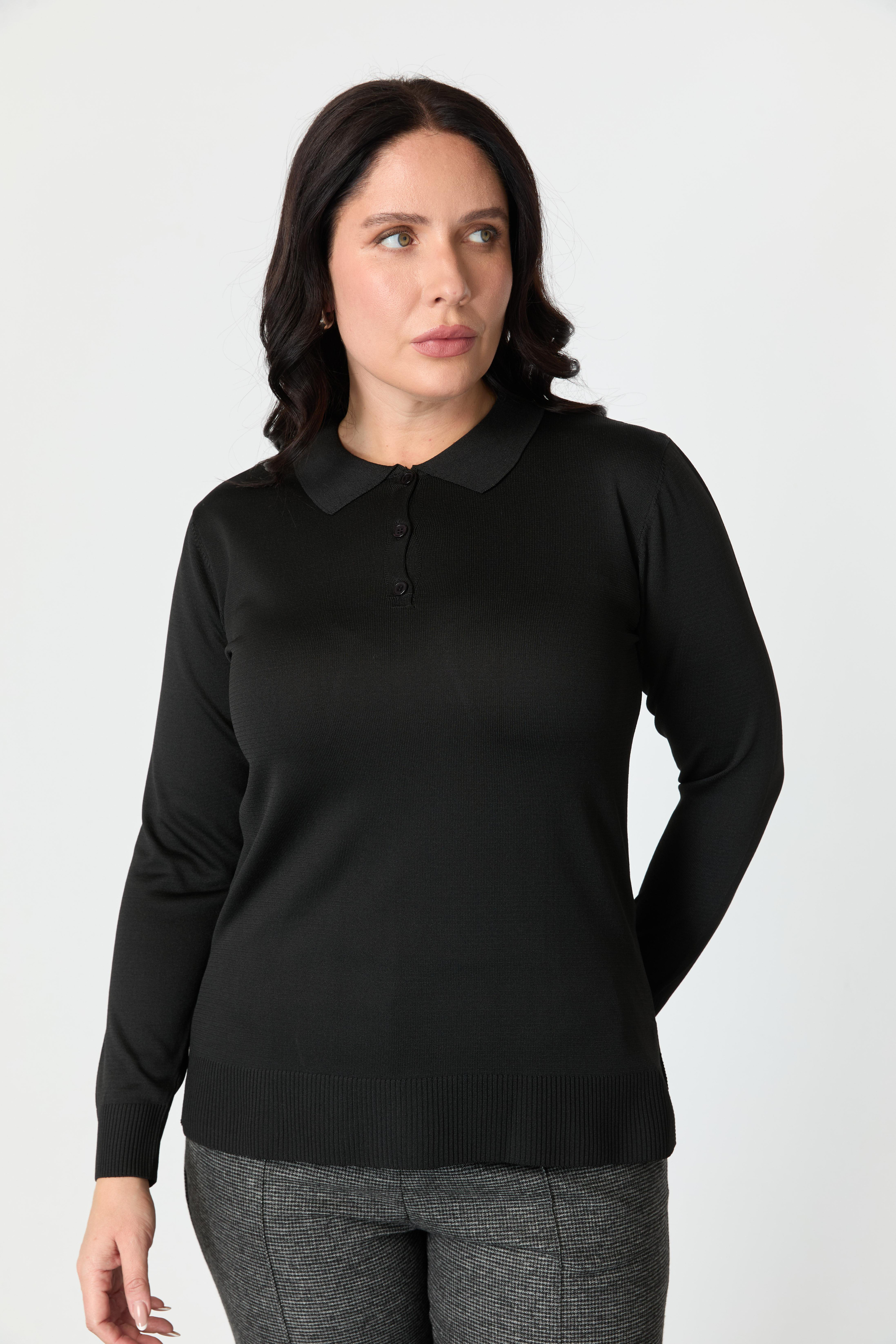 Büyük Beden Polo Yaka Triko Kazak-SİYAH