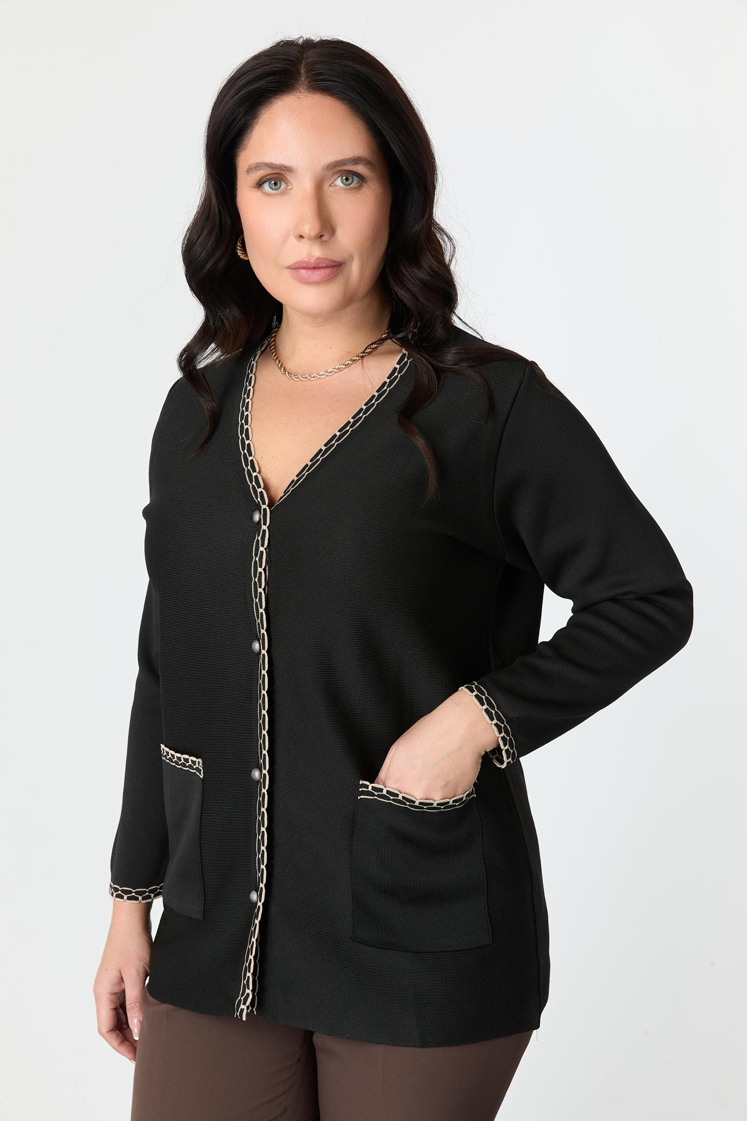 Büyük Beden Ribana Detaylı Triko Hırka-SİYAH