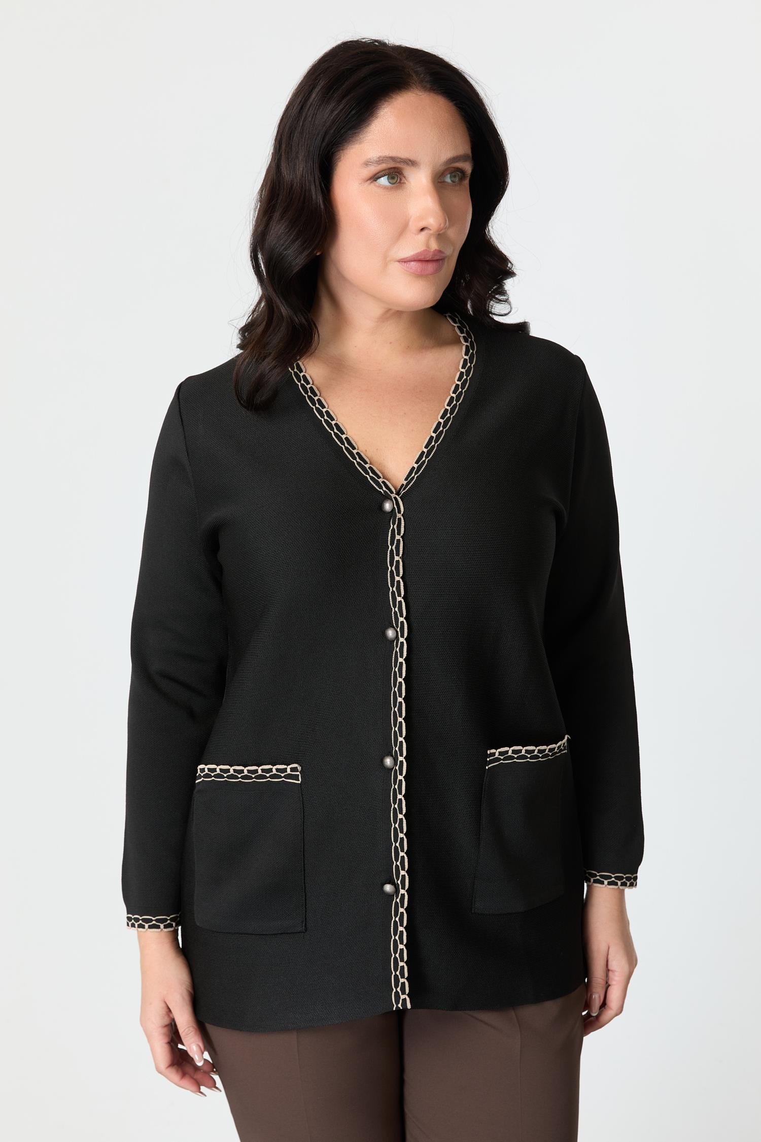 Büyük Beden Ribana Detaylı Triko Hırka-SİYAH