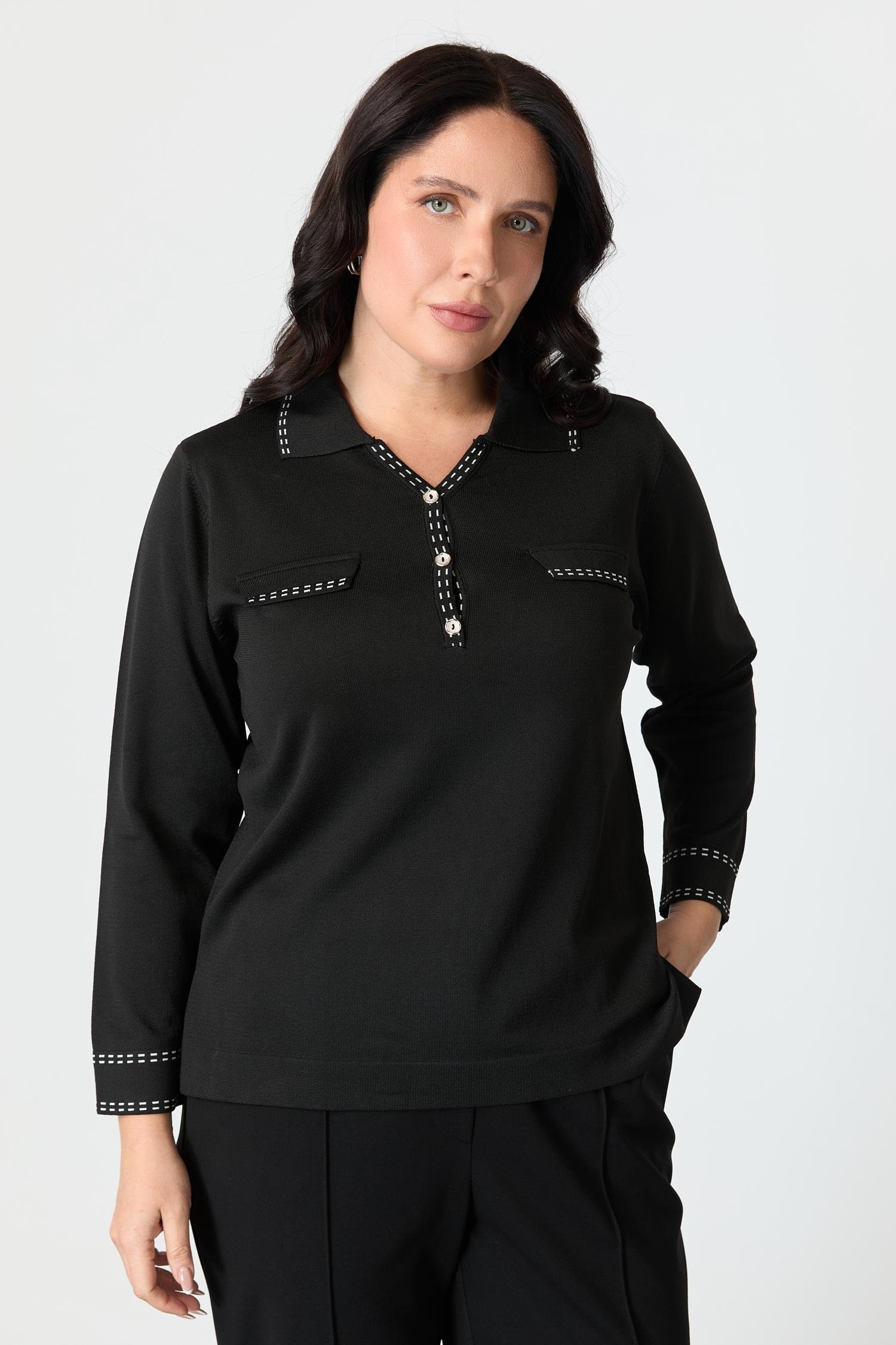 Büyük Beden Ribana Detaylı Triko Kazak-SİYAH