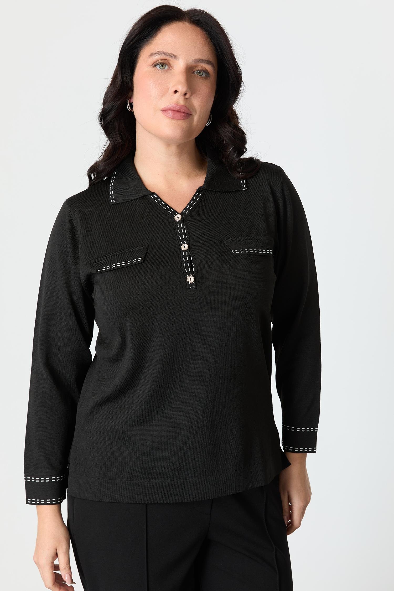 Büyük Beden Ribana Detaylı Triko Kazak-SİYAH